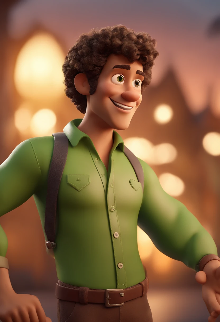 Cartoon character of a man with curly hair and a green button-down shirt, animation character, Caractere estilizado, animation style rendering, 3D estilizado, Arnold Maya render, 3 d render stylized, toon render keyshot, Personagem 3D, Personagem 3D, 3d rendering stylized, 3 d character render, personagem de desenho animado, Personagem de close up, Pose de personagem, (Estilo Pixar) (master part:1.2) (Bokeh) (best quality) (pele detalhada) (textura detalhada) (8k) (argila) (Cinematic lighting) (foco nítido