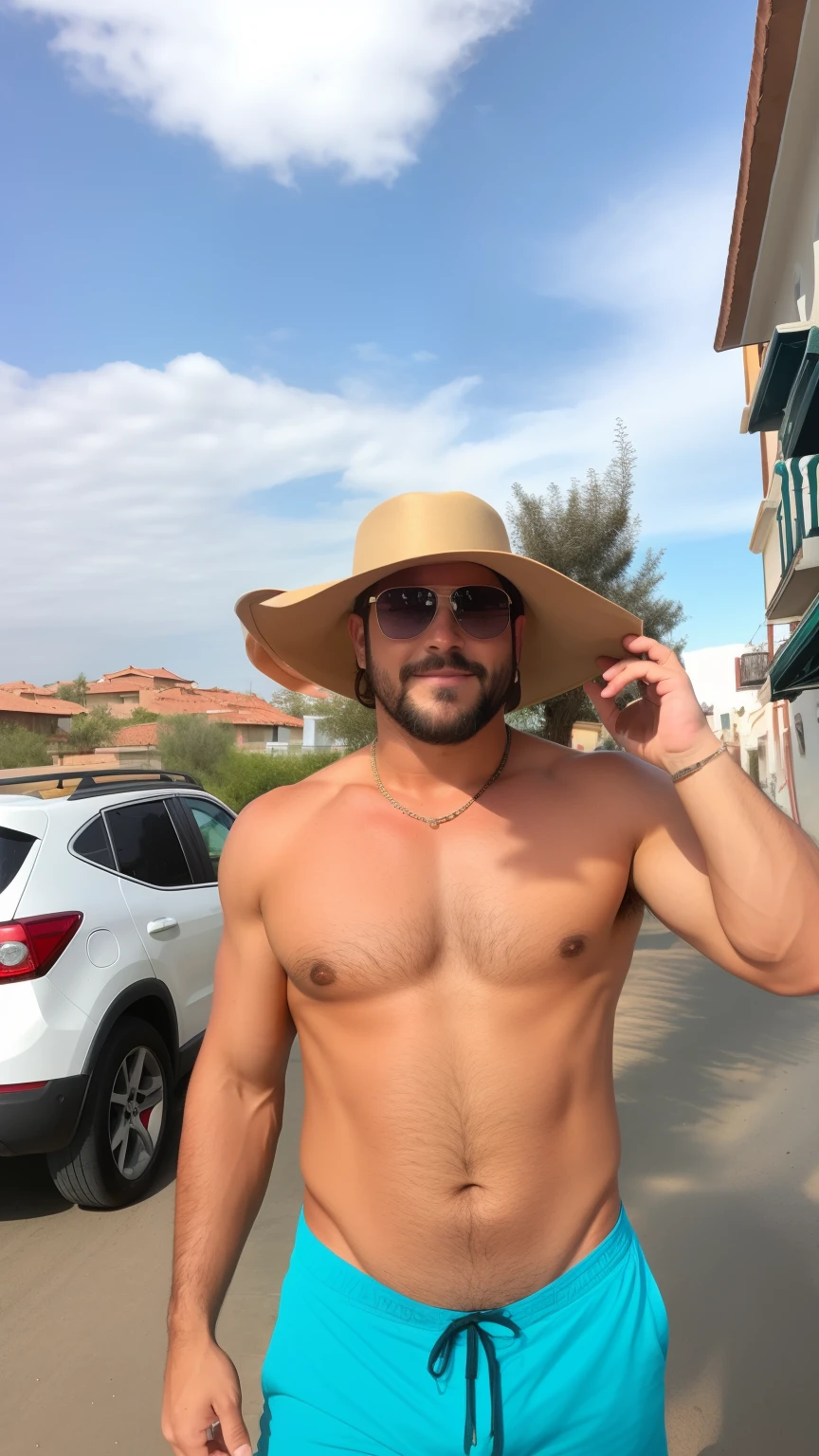 Hombre con sombrero y pantalones cortos azules en la calle, Joven griego, hombre delgado con piel bronceada clara, Lleva un sombrero, Llevar un sombrero de viaje, Character with brown hat, Technoviking masculino sin camisa, Llevar sombrero para el sol ancho, con sombrero, Hombre hermoso, con sombrero de vaquero, con gafas de sol y un sombrero, con sombrero de paja