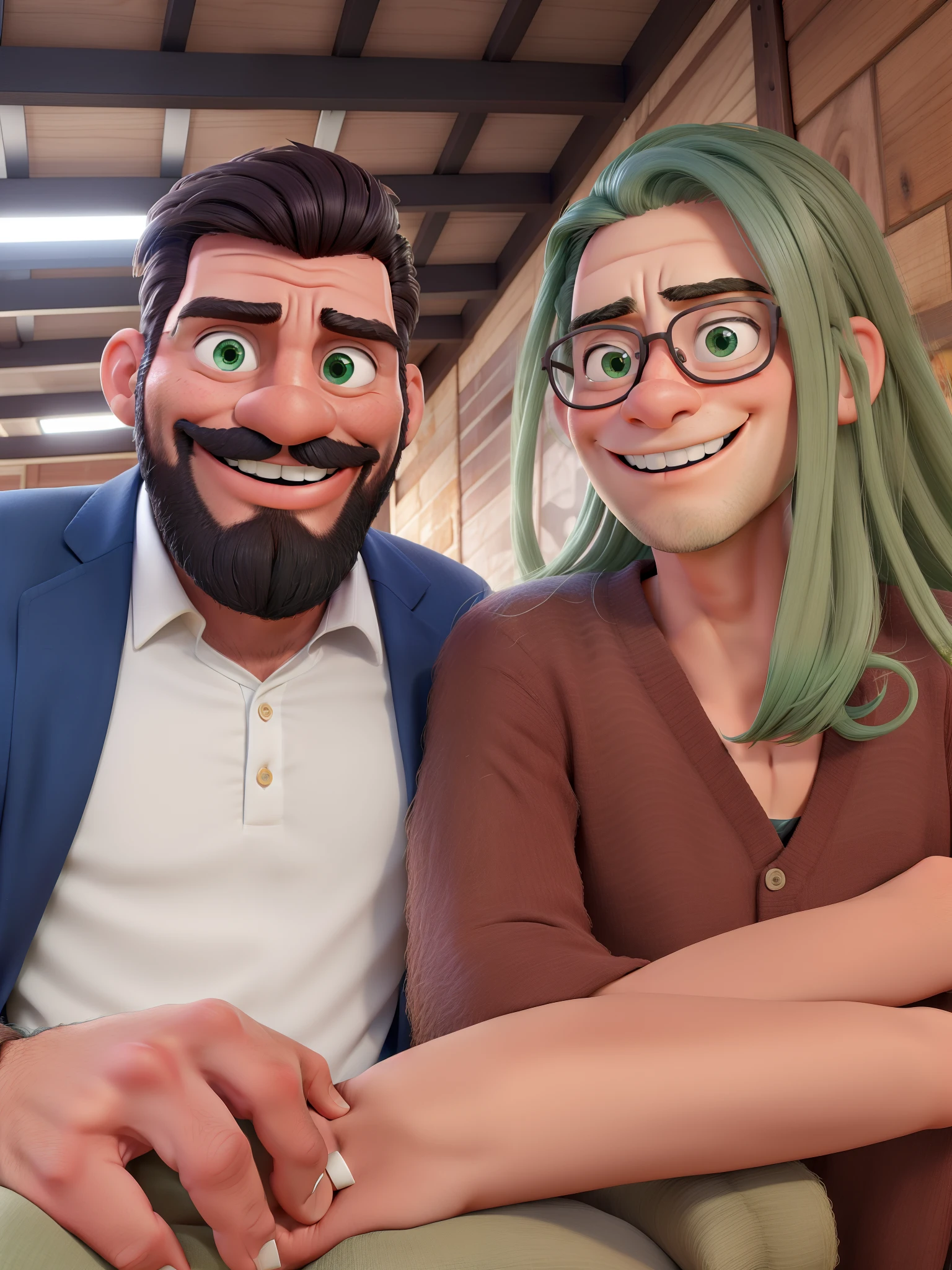 Homem cabelos castanhos escuros, Barba preta, terno azul, sorrindo, 31 anos, mulher loira olhos verdes, cabelos medio loiro, sorridente
