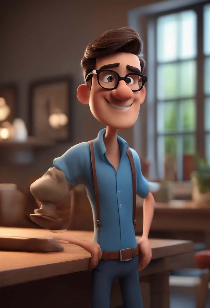 Cartoon character of a man with black glasses and a blue shirt, animation character, Caractere estilizado, animation style rendering, 3D estilizado, Arnold Maya render, 3 d render stylized, toon render keyshot, Personagem 3D, Personagem 3D, 3d rendering stylized, 3 d character render, personagem de desenho animado, Personagem de close up, Pose de personagem, (Estilo Pixar) (master part:1.2) (Bokeh) (best quality) (pele detalhada) (textura detalhada) (8k) (argila) (Cinematic lighting) (foco nítido