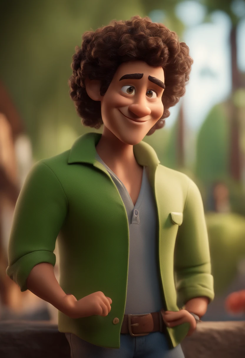 Cartoon character of a man with curly hair and a green button-down shirt, animation character, Caractere estilizado, animation style rendering, 3D estilizado, Arnold Maya render, 3 d render stylized, toon render keyshot, Personagem 3D, Personagem 3D, 3d rendering stylized, 3 d character render, personagem de desenho animado, Personagem de close up, Pose de personagem,  (Estilo Pixar) (master part:1.2) (Bokeh) (best quality) (pele detalhada) (textura detalhada) (8k) (argila) (Cinematic lighting) (foco nítido