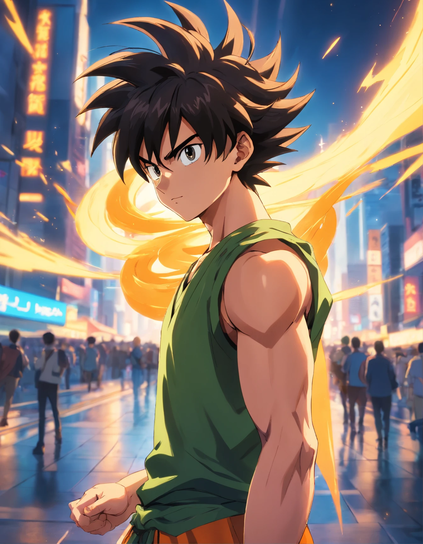 Goku de dragon ball super broly, de 17 anoos negros, usando roupas modernas,belos olhos e rosto,penteado legal,juvenile expression,pose confiante,usando oculos,Fundo Urbano,Artistic portrait,pintura digital,ultra-detalhado,Altas,Physically-based rendering,cores vibrantes,studio lighting,foco nítido,Bokeh,fotorrealista.
