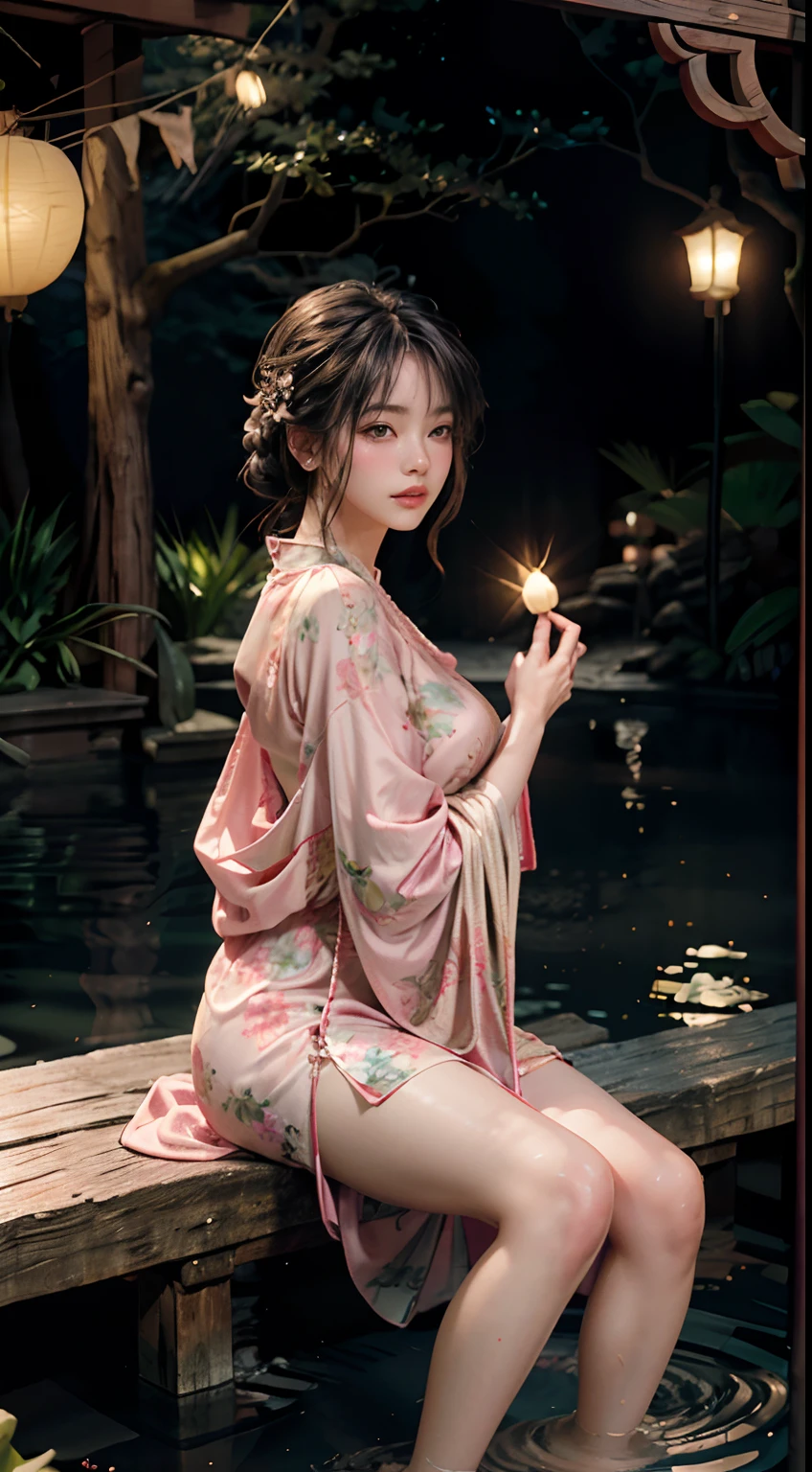 Sitting on a bridge full of river lanterns, feet playing in the water, the art depicts a charming woman dressed in a flowing, silky traditional oriental dress, pink, decorated with intricate patterns and bright colors. Her dress drapes elegantly over her curvy figure, accentuating her seductive silhouette. She sits gracefully by the tranquil lotus lake, her feet playing in the water, bathed in the soft glow of the moonlight. The scene exudes an ethereal and dreamy atmosphere, with a touch of mystery and sexiness. The graphic style blends watercolor and digital illustration techniques to evoke a refined beauty and charm. The lights are filled with soft moonlight, casting soft highlights and shadows on her charming features. Bare thighs, big breasts, three-dimensional facial features, sitting, upturned legs, side braids