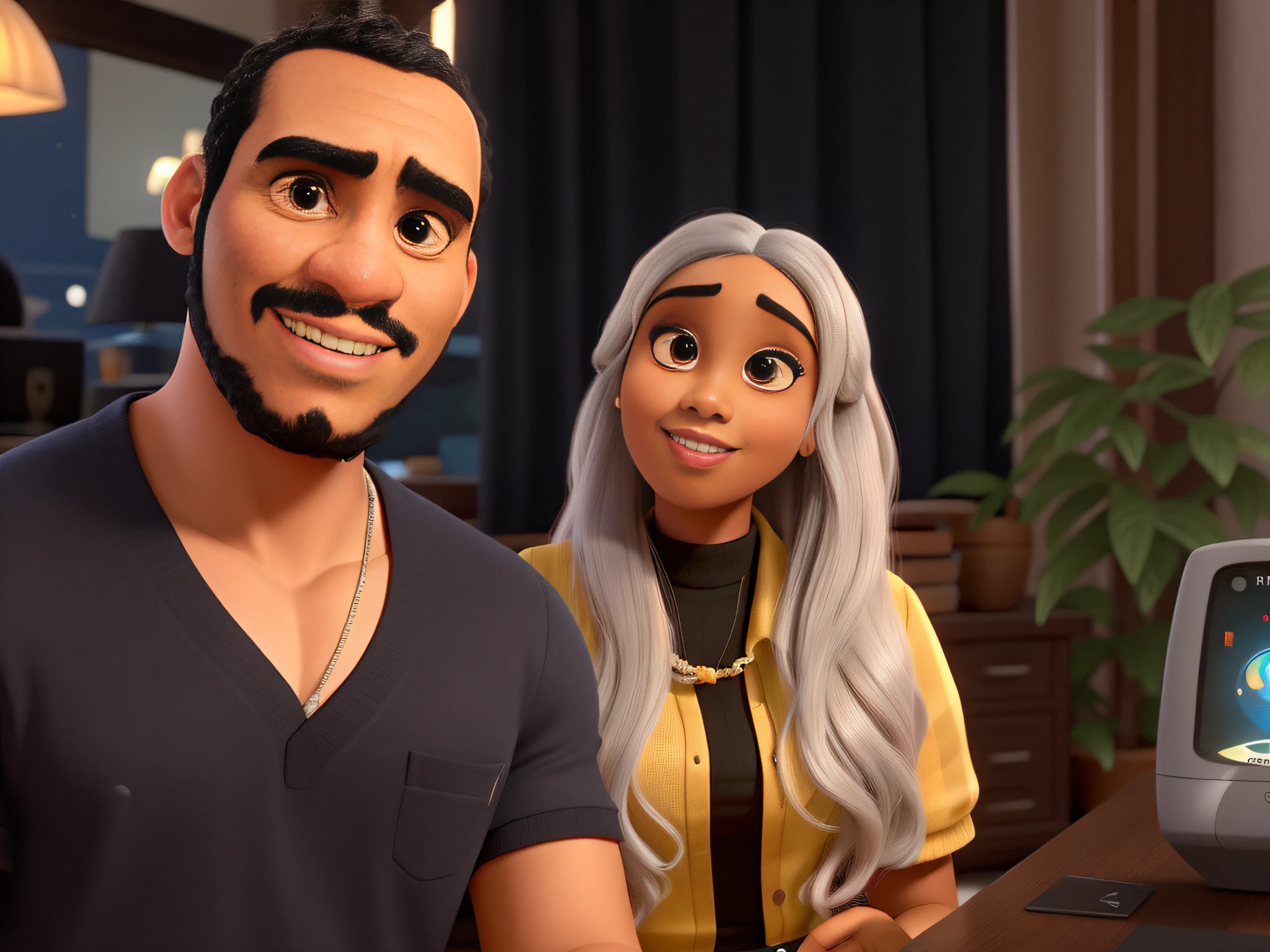 Um homem negro e uma mulher loira e branca, casal inter-racial, estilo Disney pixar, alta qualidade, 8k, melhor qualidade