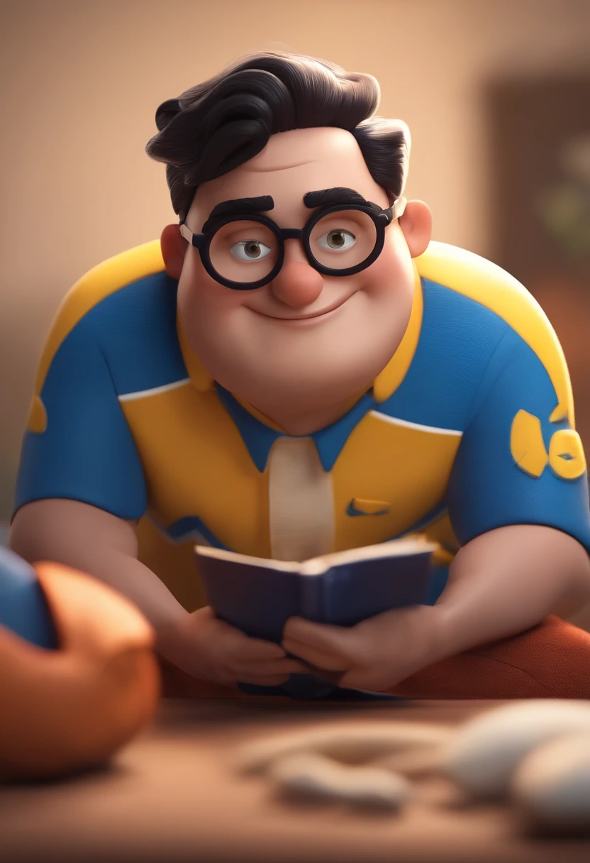 Cartoon character of a man wearing black glasses and a blue shirt, um personagem animado, Caractere estilizado, animation style rendering, 3D estilizado, Arnold Maya render, 3 d render stylized, toon render keyshot, Personagem 3D, Personagem 3D, 3d rendering stylized, 3 d character render, personagem de desenho animado, Personagem de close up, Pose de personagem, (Estilo Pixar) (master part:1.2) (Bokeh) (best quality) (pele detalhada) (textura detalhada) (8k) (argila) (Cinematic lighting) (foco nítido,Senta e vaza a parte superior do corpo