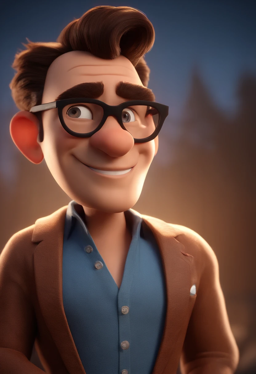 Cartoon character of a man wearing black glasses and a blue shirt, um personagem animado, Caractere estilizado, animation style rendering, 3D estilizado, Arnold Maya render, 3 d render stylized, toon render keyshot, Personagem 3D, Personagem 3D, 3d rendering stylized, 3 d character render, personagem de desenho animado, Personagem de close up, Pose de personagem, (Estilo Pixar) (master part:1.2) (Bokeh) (best quality) (pele detalhada) (textura detalhada) (8k) (argila) (Cinematic lighting) (foco nítido,Senta e vaza a parte superior do corpo
