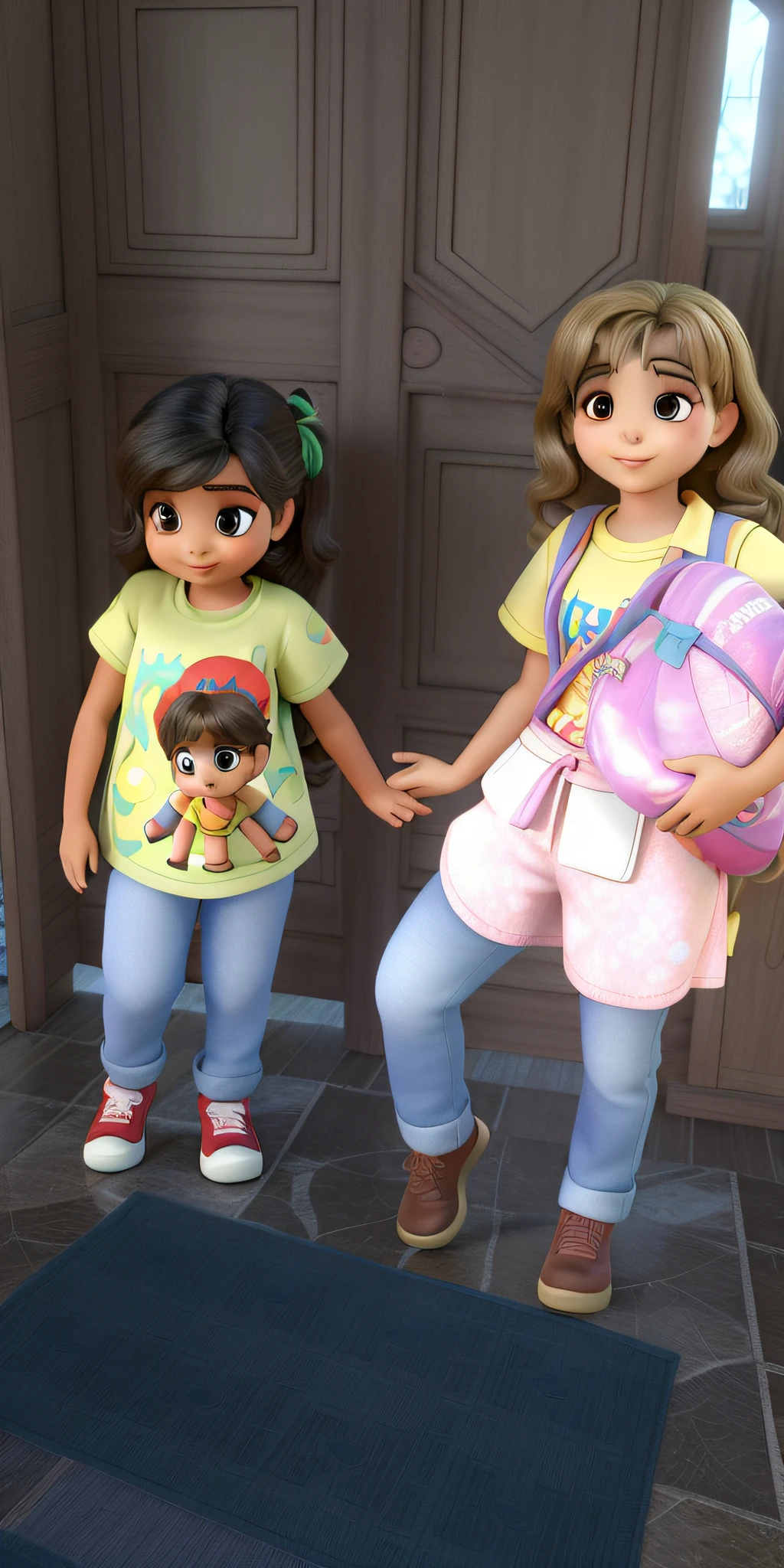 Duas meninas, childrens, uma de dois anos, outra quatro anos, cor de pele branca, cabelos loiros, imagem no estilo disney pixar, alta qualidade, melhor qualidade