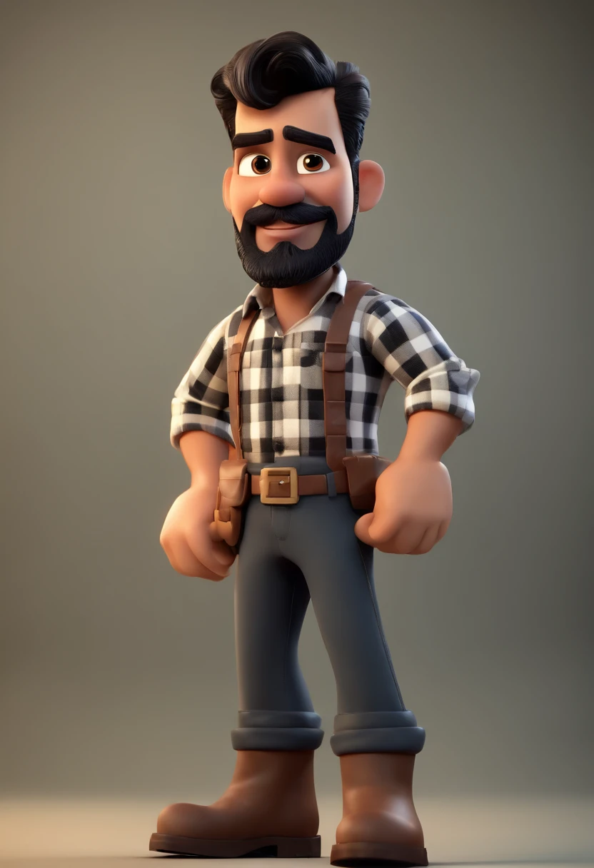 Cartoon character of a man with black beard and hair wearing black and white plaid shirt and khaki pants, um personagem animado, Caractere estilizado, animation style rendering, 3D estilizado, Arnold Maya render, 3 d render stylized, toon render keyshot, Personagem 3D, Personagem 3D, 3d rendering stylized, 3 d character render, personagem de desenho animado, Personagem de close up, Pose de personagem, (Estilo Pixar) (master part:1.2) (Bokeh) (best quality) (pele detalhada) (textura detalhada) (8k) (argila) (Cinematic lighting) (foco nítido，Senta e vaza a parte superior do corpo