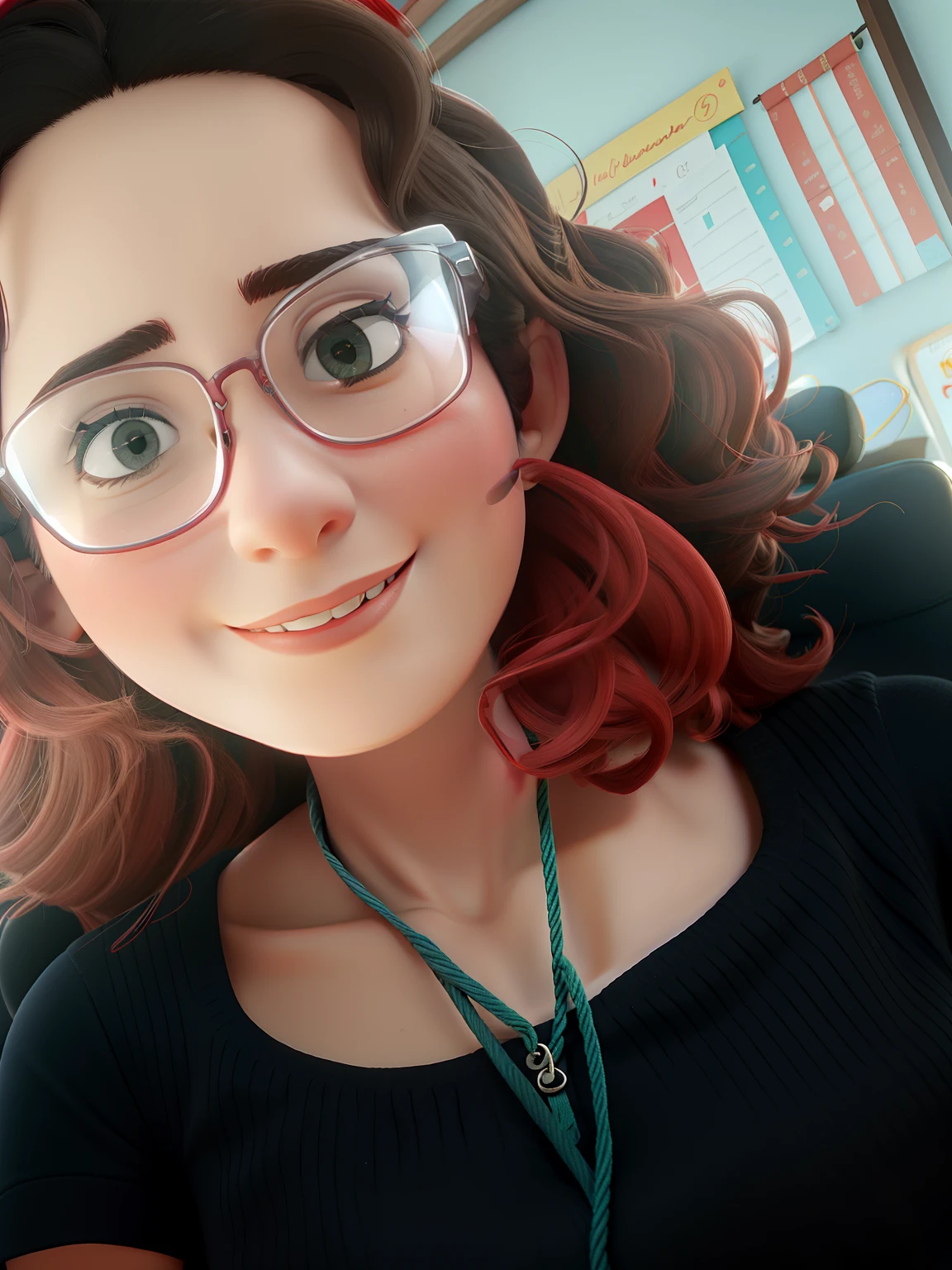 Uma mulher de rosto redondo, boca carnudo vermelha, bespectacled, olhando feliz para frente