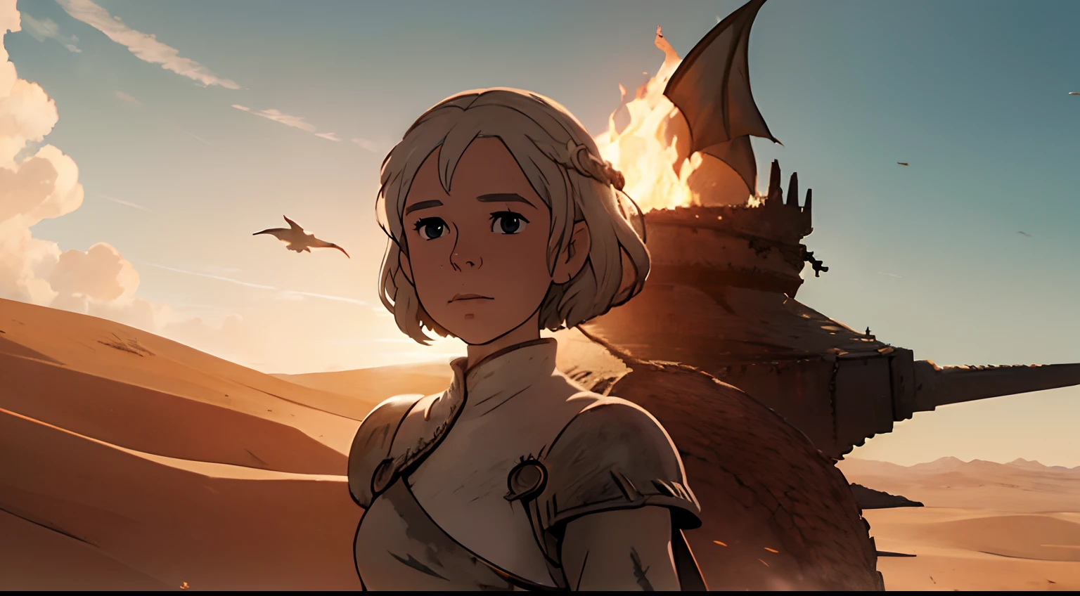 ((Daenerys Targaryen)), Game of thrones, desert, large dragons behind her back, fire, miyazaki hayao