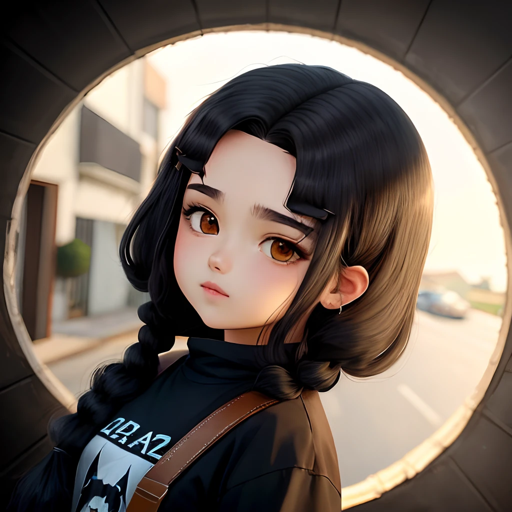 Menina de anime com um cabelo preto e longo jogado pro lado, nua