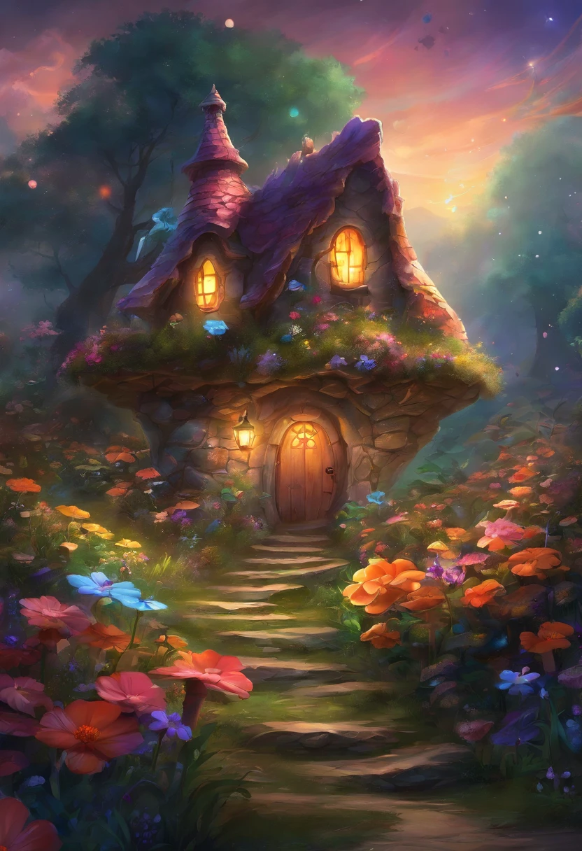 (Swirling clouds and colorful flowers), (forest fireflies fantasy mushroom house), (midnight), (Irregular), (mysterious), (ridiculous), dreamy, disney, painted by Thomas Kincaid, artstation, sharp focus, inspiring 8k wallpaper,