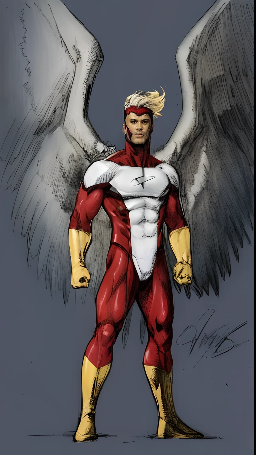 um homem com asas no corpo, arcanjo, x-men, humano alado, high quality colored sketch, quadrinhos dos anos 90, super hero, traje vermelho e branco, luvas e botas amarelas, cabelo loiro