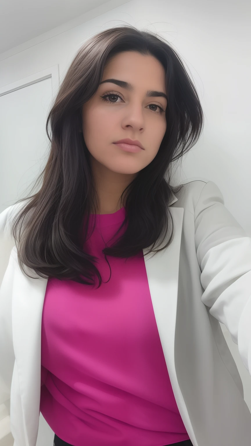 there is a woman that is taking a selfie in a mirror, foto de perfil headshot, vestindo jaleco e blusa, foto de perfil profissional, imagem profissional, foto headshot, com cabelo preto liso, taken in the early 2020s, foto do perfil, com pele parda, 1 / 2 headshot, Alanis Guillen, Anos Imane, com jaleco