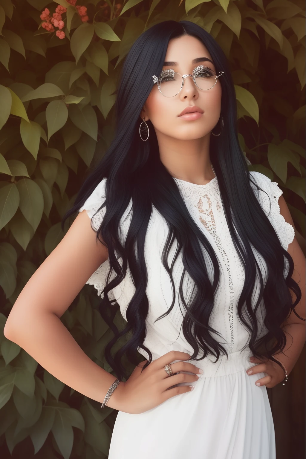mulher araffe com cabelo preto longo e batom vermelho bem maquiada posando para uma foto, female with long black hair, com longos cabelos pretos, long, flowing hair, long curvy black hair, long flowing black hair, longos cabelos pretos soprados pelo vento, Mulher bonita com cabelo azul, com cabelo preto liso, penteado preto longo elaborado, cabelo longo, with black glasses with silver sides and the split in the middle