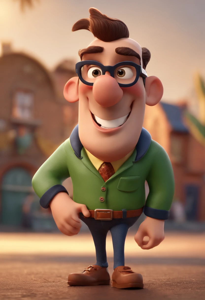 Cartoon character of a man with glasses, fardado, suboficial mor de cinza ,animation character, Caractere estilizado, animation style rendering, 3D estilizado,  3 d render stylized, toon render keyshot, Personagem 3D, Personagem 3D, 3d rendering stylized, 3 d character render, personagem de desenho animado, Personagem de close up, Pose de personagem,  (Estilo Pixar) (master part:1.2) (Bokeh) (best quality) (pele detalhada) (textura detalhada) (8k) (argila) (Cinematic lighting) (foco nítido