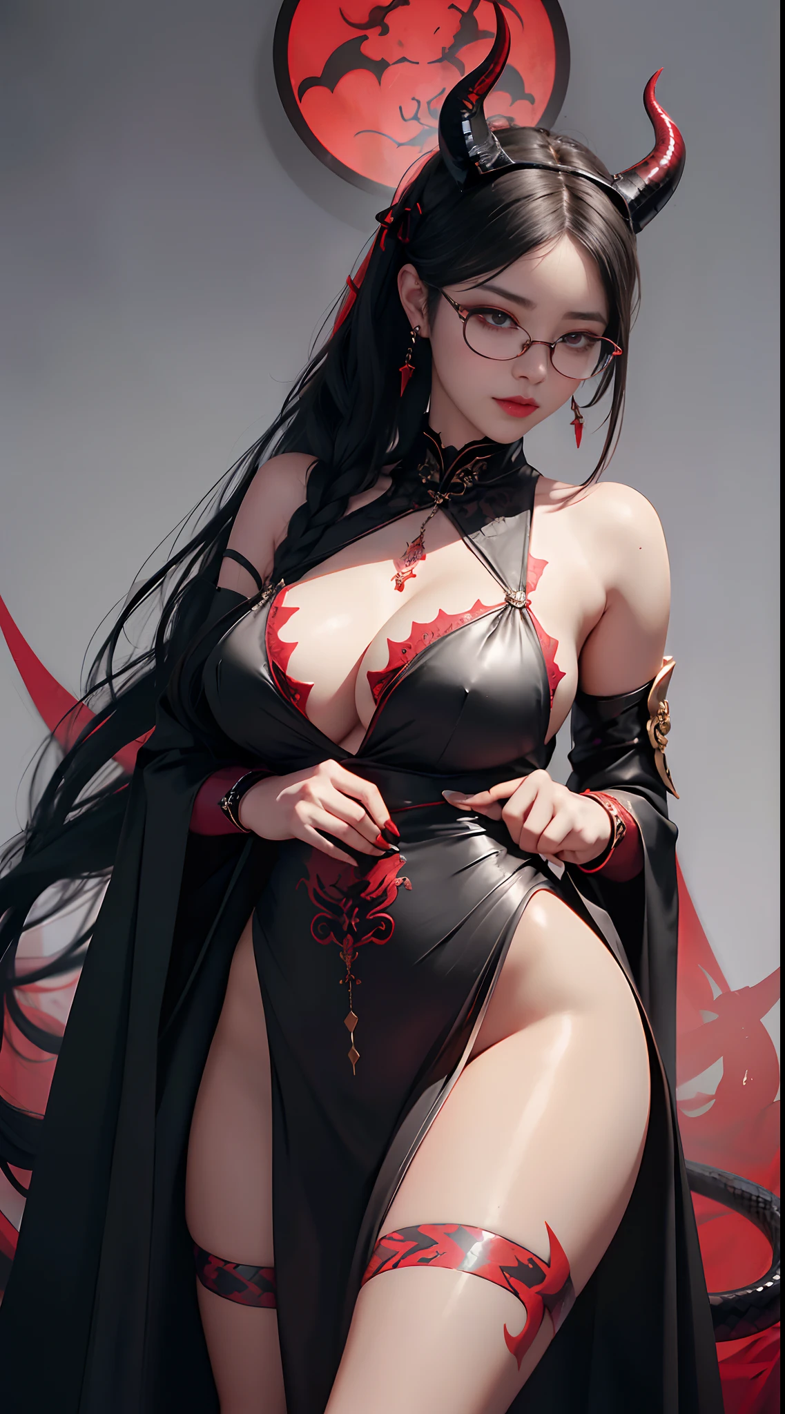 Fine、(The best illustrations)、8k UHD resolution、intricate-detail、top-quality、realisitic、ultra-detailliert、The best lighting、Best Shadows、Soft lighting、Ulutra HD、Ultra-realistic、Tindall Effect、Photorealsitic、(High Detail Skins:1.2)、 (Intricate details, makeup, pureerosface_v1:0.5), (Detailed beautiful delicate face, Detailed beautiful delicate eyes, A perfectly proportioned face, High detailed skin, Detailed skin, best ratio four finger and one thumb, arms below breasts, Tattoo with a red glow under the stomach、Awesome awesome, wide hips, smooth midriff, skiny and thin, __Fashion__, __hair__:1.25)、Digital SLR、 absurderes、1 beautiful devil woman from hell, surreal female portraits by David Hockney and Alphonse Mucha, Portrait of a seductive woman、Fantasy Art, Chinese Doll、Chinese actress、Dungeon、The dragon、Devil's Palace、Devil's Torture Chamber、natta、Dark style 、In the Dark、(Detailed spooky backgrounds:0.8), magia、 1人、Evil Nun、Dark Necromancer、Succubus、Devil's Daughter、Umi Shinonome、Bat Wings,(((Demon Horns)))、 ((((Huge glasses, Otaku Glasses, thick glasses, Round glasses)))),(((Colossal tits)))、(Devil's Tail)、(red eyes glowing:1.6)、red eyes make up very sharp and detailed, The eyes are very well made up, ((Red Eye:1.0)),intricate tattoos, demonic intricate tattoos, thigh tattoos, body tattoos, masterpiece、The most beautiful face、a baby face、Charming smile、plump beautiful red lips、Muscular seductive body、The enchanting body of the devil、devil style、Seductive Black Magic Costume、(((A shiny red snake is wrapped around her body)))、The long-haired、Braids、Black hair、Ponytail distortion、, Ponytail with a bow tied at the back of the hair, Beautiful expression、Body Up、Large breasts emphasis、Bust, Super tight breasts, Breast augmentation surgery, The breasts are very big and round and round,Toned waist、Wide buttocks、 lowkey, cowboy lens, (Black Phoenix Dress: 1.0), devil crown, Red sparkling gemstone necklace、Jewelry Gwise, wearing black mesh socks,wearing a thin red a
