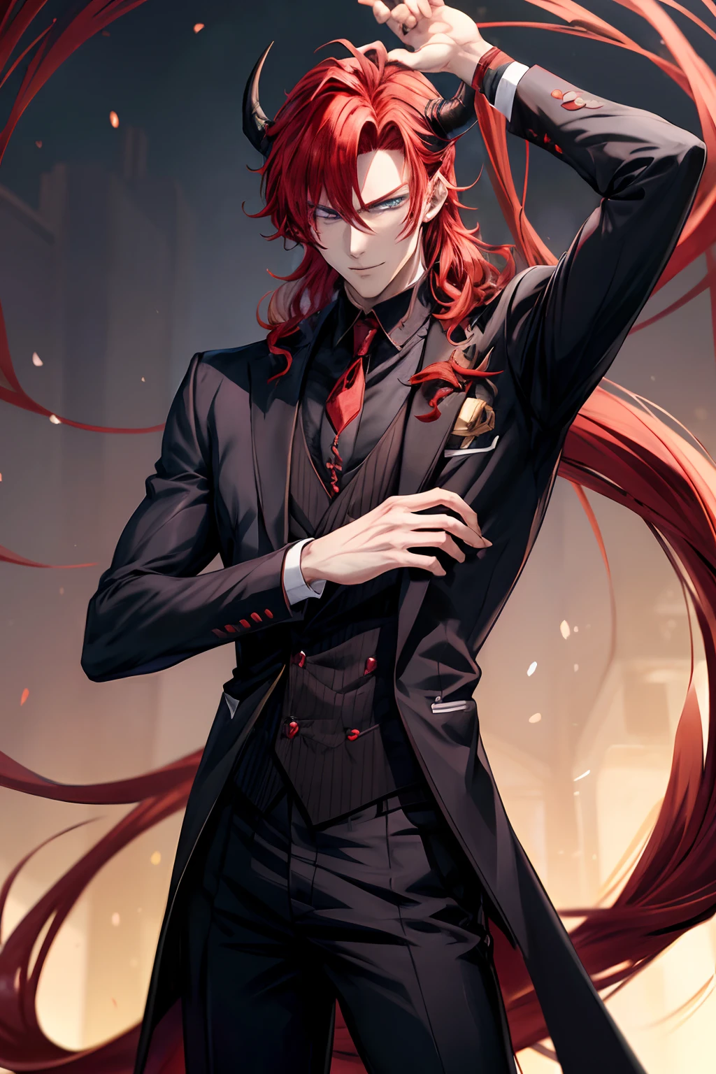 anime character with red hair and horns in a black suit, anime handsome man, beautiful prince, tall anime guy with blue eyes, anime portrait of a handsome man, handsome japanese demon boy, handsome guy in demon slayer art, masculine prince, dapper dream demon, with curly red hair, handsome anime pose, red - haired anime boy