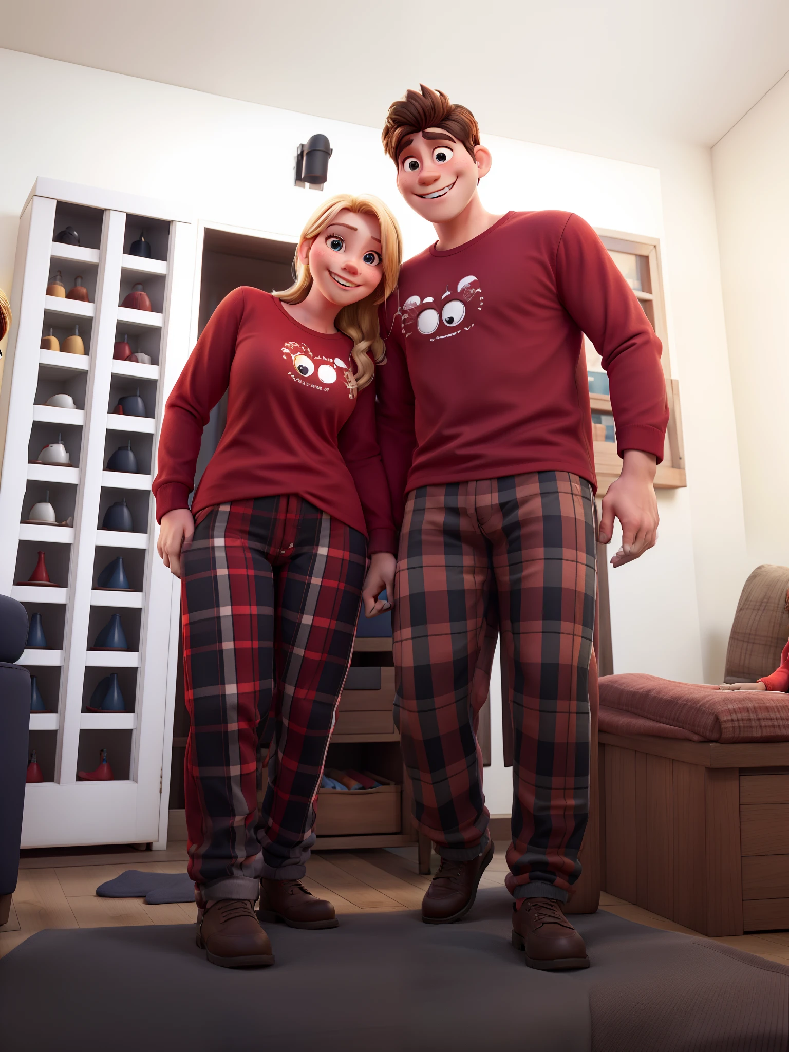 Disney style couple smiling with red long sleeve t-shirt and red plaid pants and she has blonde hair and he short black hair.