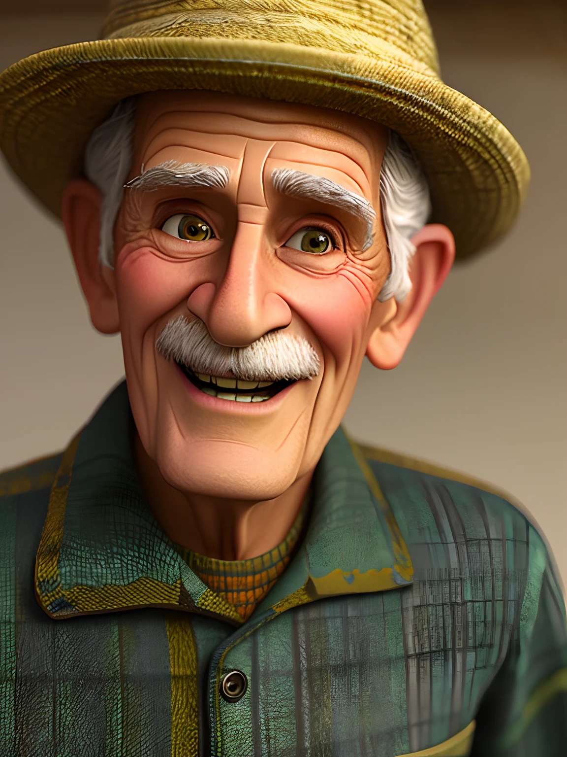 Pixarstyle A waist-high portrait of an elderly man with social clothes, smile, natural skin texture, 4K textures, HDR, intricate, highly detailed, sharp focus, cinematic look, hyper-detailed