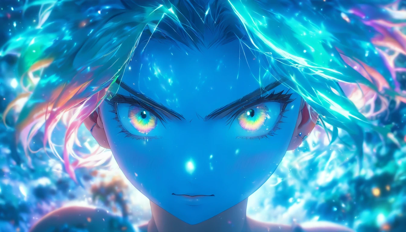 (Best quality,4K,8K,A high resolution,Masterpiece:1.2),Ultra-detailed,(Realistic,Photorealistic,photo-realistic:1.37),femele，Turquoise eyes glow,rainbow colour hair,Cast luminous spells,mystical forest,illustration,enchanting atmosphere,Vibrant colors,Soft lighting