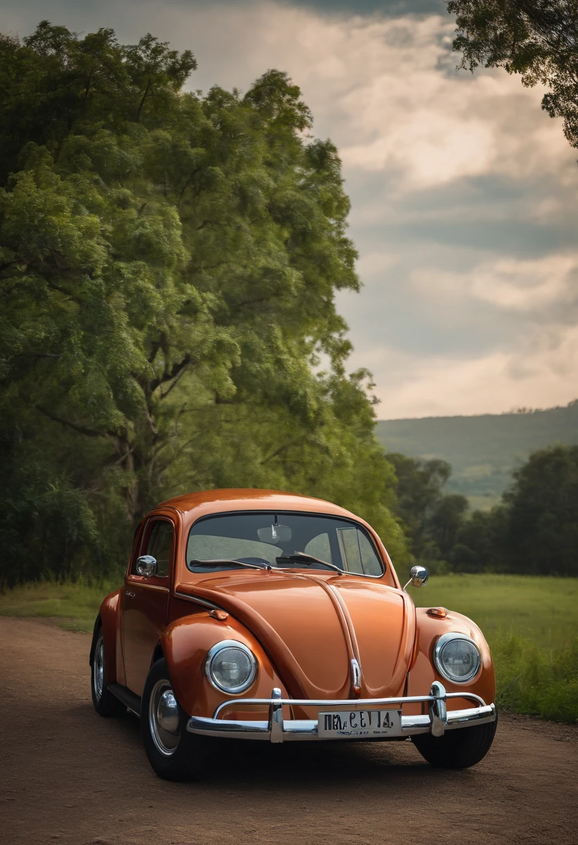 Montar um poster estilo pixar; um Fusca verde claro rebaixado com rodas originais, em uma garagem de carros antigos, dois cachorros blue heelers, um personagem de desenho animado, alto, calvo, in a cap and black shirt