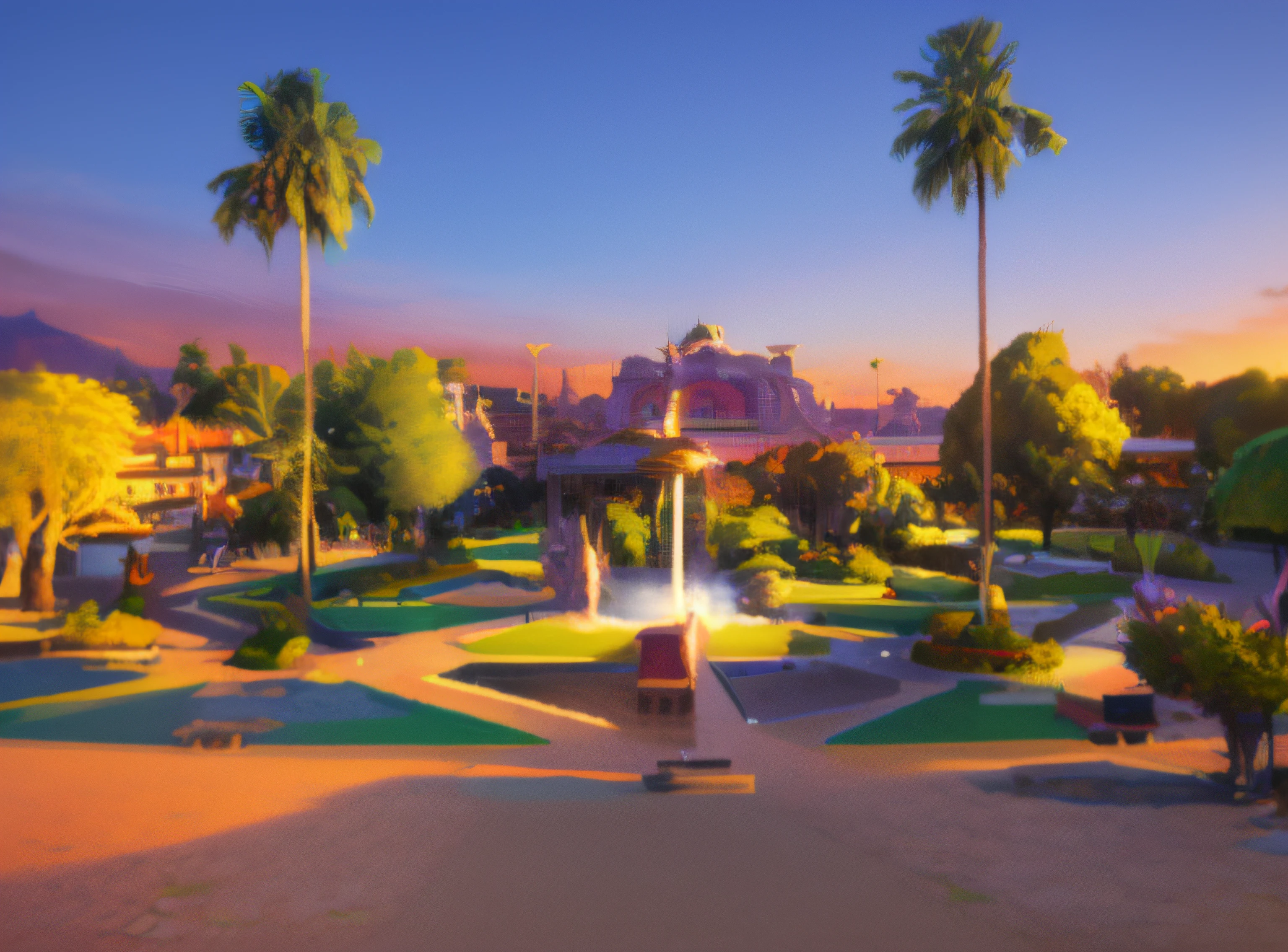 There is a park with a fountain and palm trees in the background, town square, um parque, city square, Shipibo, Parks and Public Space, arredores da cidade, taken in the early 2020s, Porque Sepulto, com um parque nos fundos, city of Armenia Quindio, Parque em segundo plano, Estilo Pixar, High resolution image