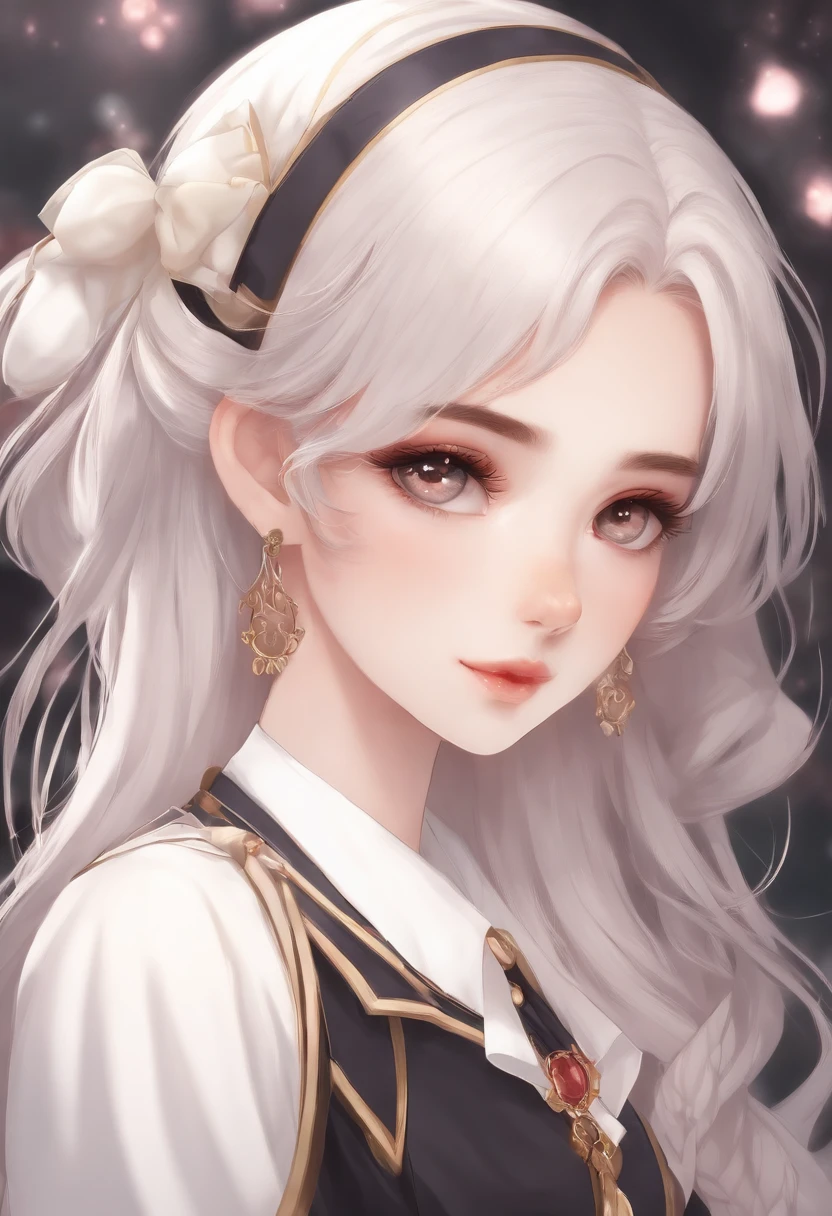 Menina anime com cabelo branco e orelhas de coelho, olhos vermelhos, shy blush, Uniforme escolar