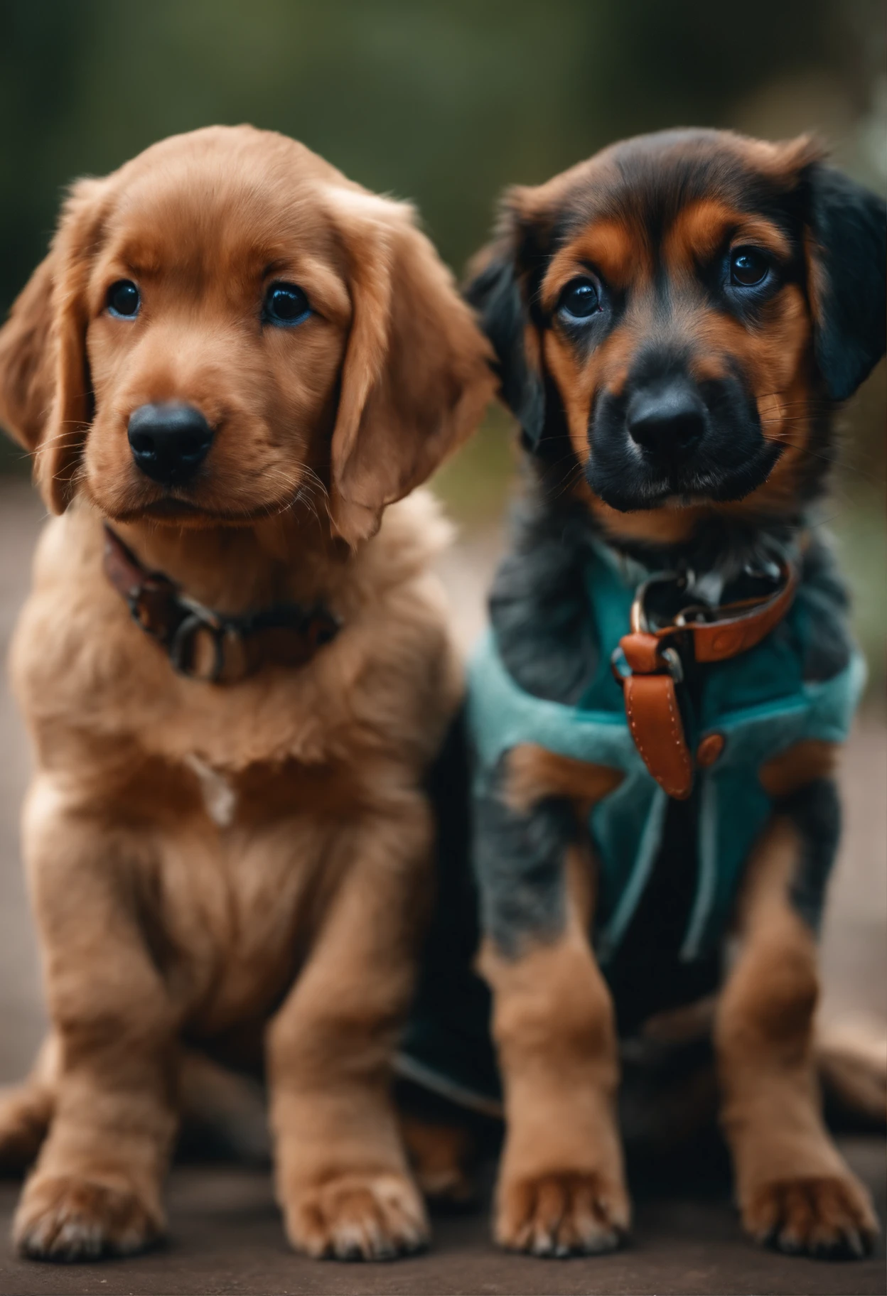 Dois homens morenos segurando uma cachorra salsicha