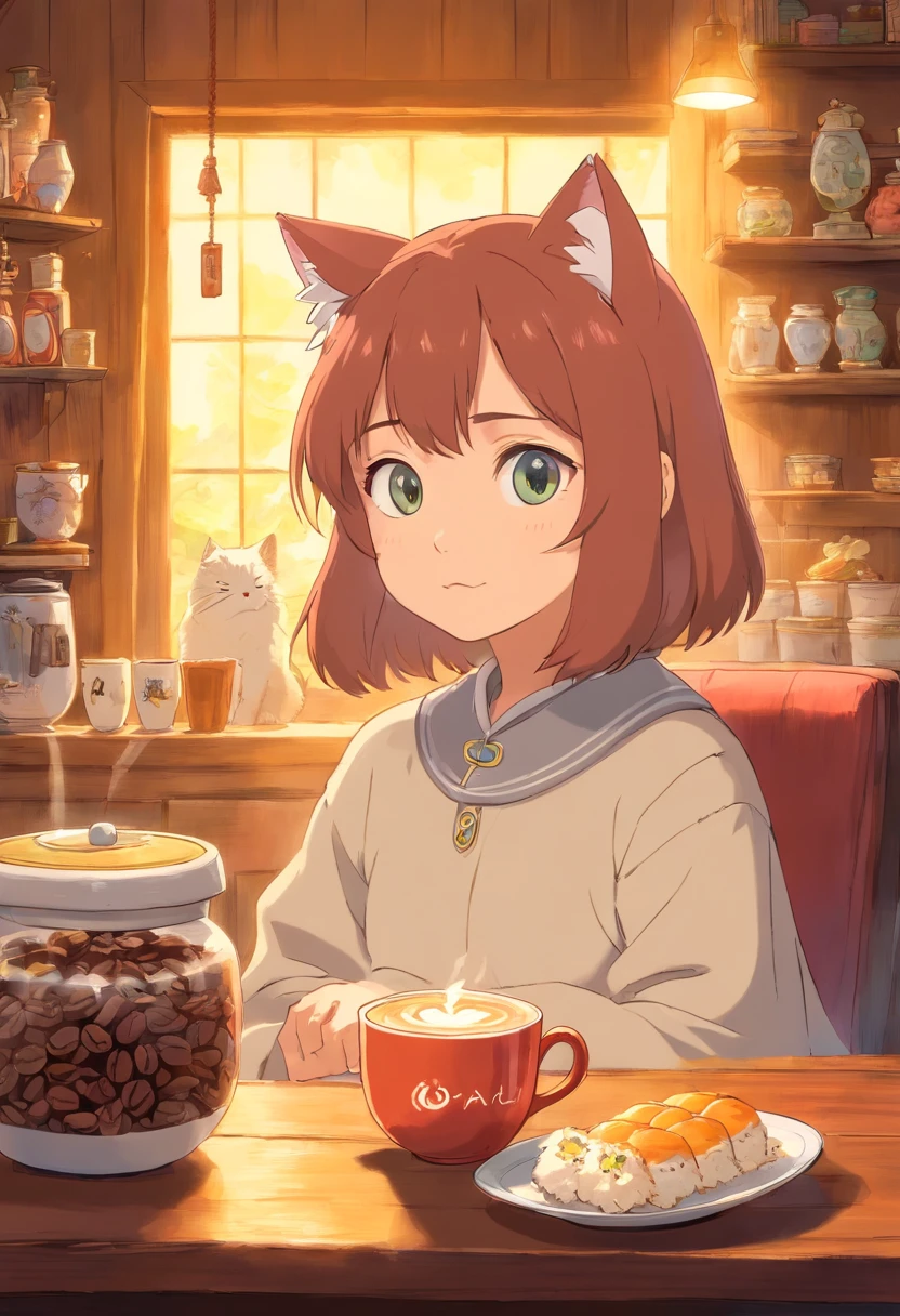 Um gato bonito com olhos redondos, no coffee , Luz solar fora da janela.