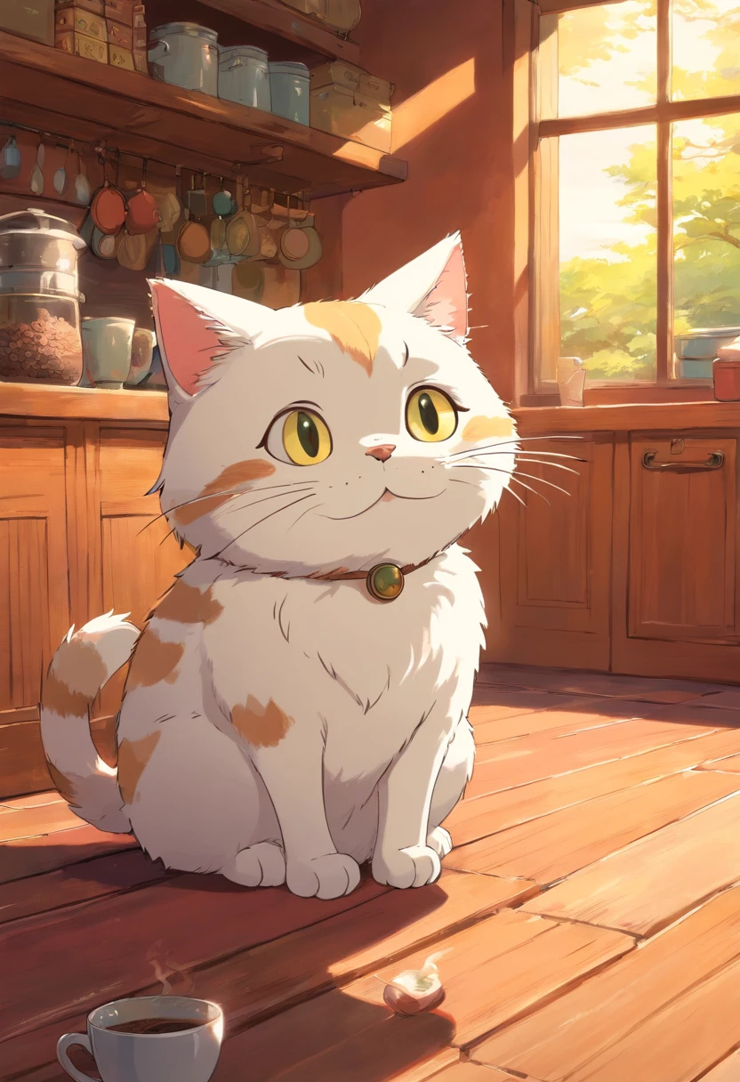 Um gato bonito com olhos redondos, no coffee , Luz solar fora da janela.