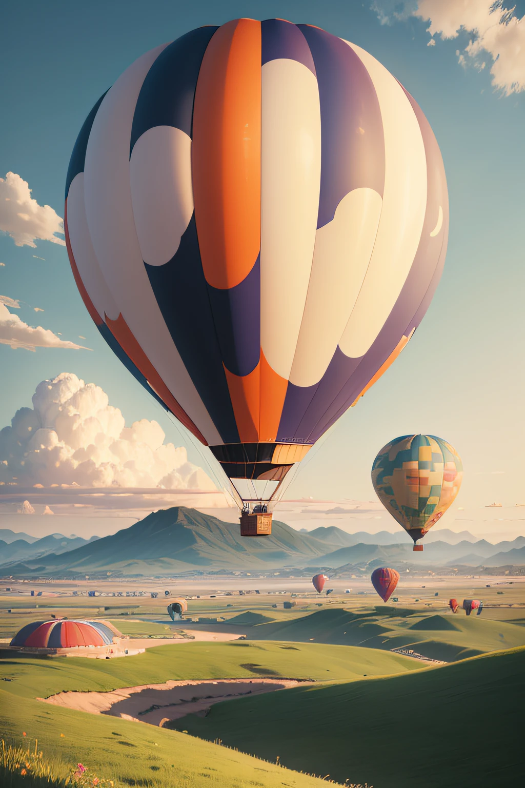 Two hot air balloons fly over the prairie landscape,The background is mountains,beautiful sky,White clouds,rainbowing,4K Ultra HD, 超高分辨率, (Photorealistic: 1.4), Best quality,Masterpiece,(pastel colour:1.2)
