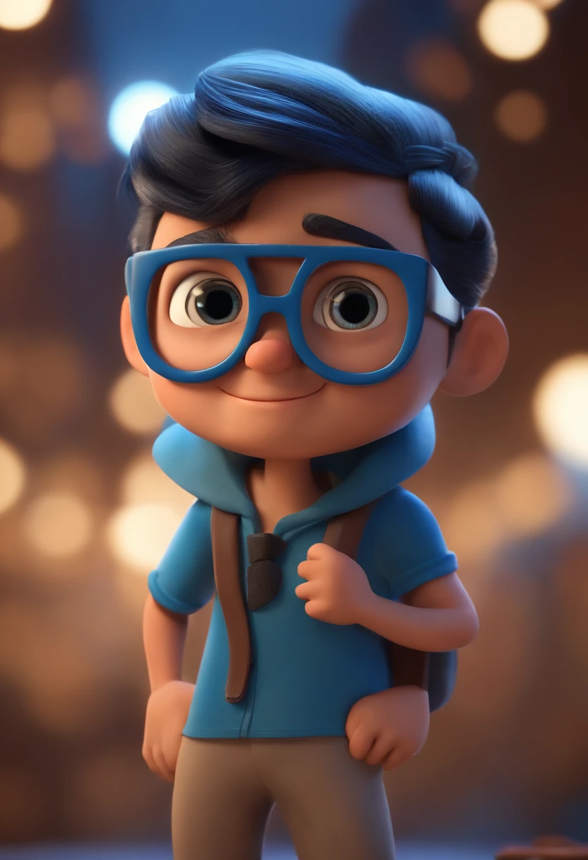 Cartoon character of a man wearing black glasses and a blue shirt, um personagem animado, Caractere estilizado, animation style rendering, 3D estilizado, Arnold Maya render, 3 d render stylized, toon render keyshot, Personagem 3D, Personagem 3D, 3d rendering stylized, 3 d character render, personagem de desenho animado, Personagem de close up, Pose de personagem, (Estilo Pixar) (master part:1.2) (Bokeh) (best quality) (pele detalhada) (textura detalhada) (8k) (argila) (Cinematic lighting) (foco nítido,Senta e vaza a parte superior do corpo