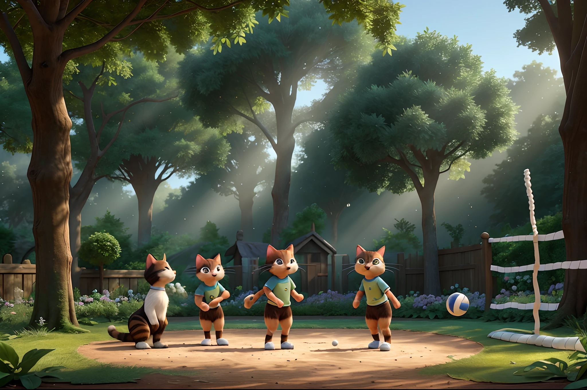 Cats with sport clothing playing voleyball in a garden in middle of an enchanted forest, rays of light filtering through the trees, slightly dusty atmosphere above the garden, 3d render, Pixar style, very detailed.