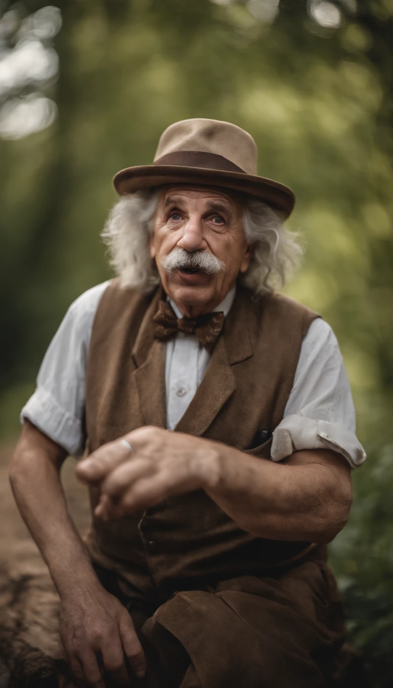 A portrait silly Albert Einstein as a caveman, with a goofy expression on his face, sticking his tongue out, detailed face, high details, photography, natural light, Nikon D850, 50mm, f/1.4