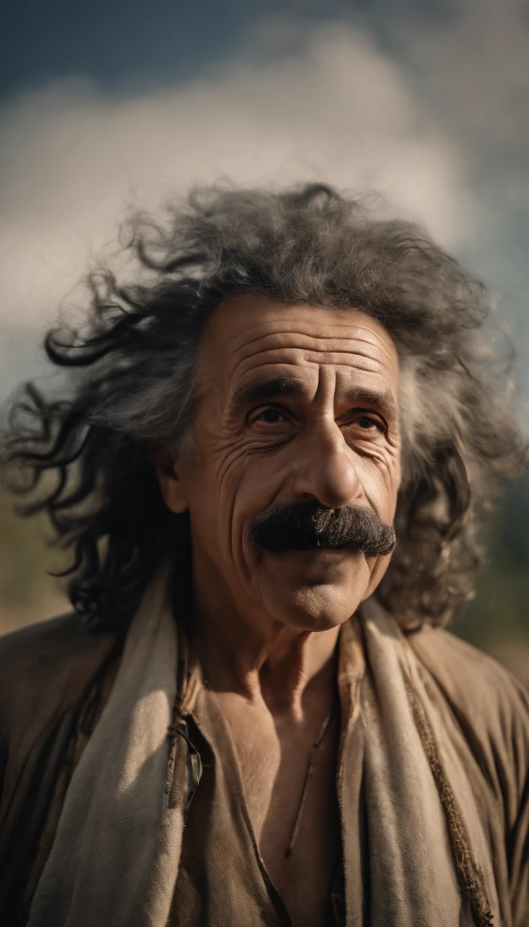 A portrait silly Albert Einstein as a caveman, with a goofy expression on his face, sticking his tongue out, detailed face, high details, photography, natural light, Nikon D850, 50mm, f/1.4