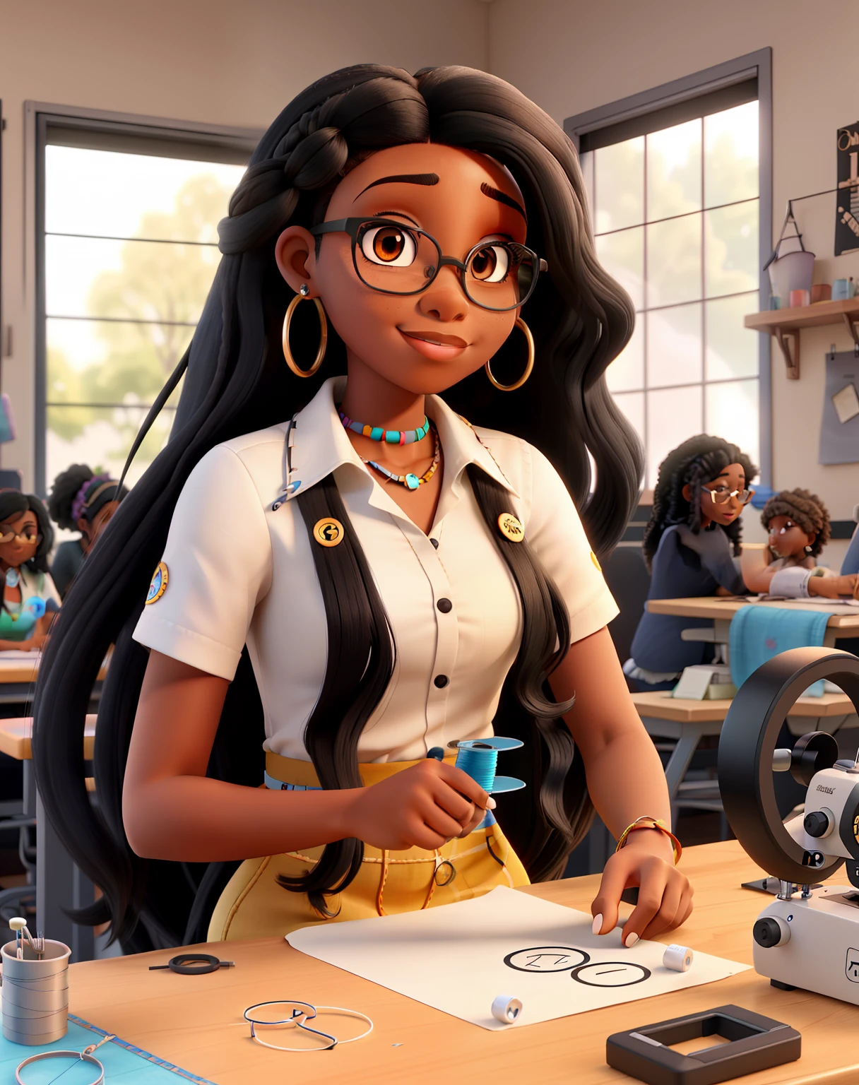 A beautiful young black woman with long black hair with inked nose piercing over lips, unhas coloridas, Sitting in a sewing workshop with a sewing machine and measuring tape and threads;, buttons and needles on the table Curly hair tape measure on the table glasses Tape measure on neck