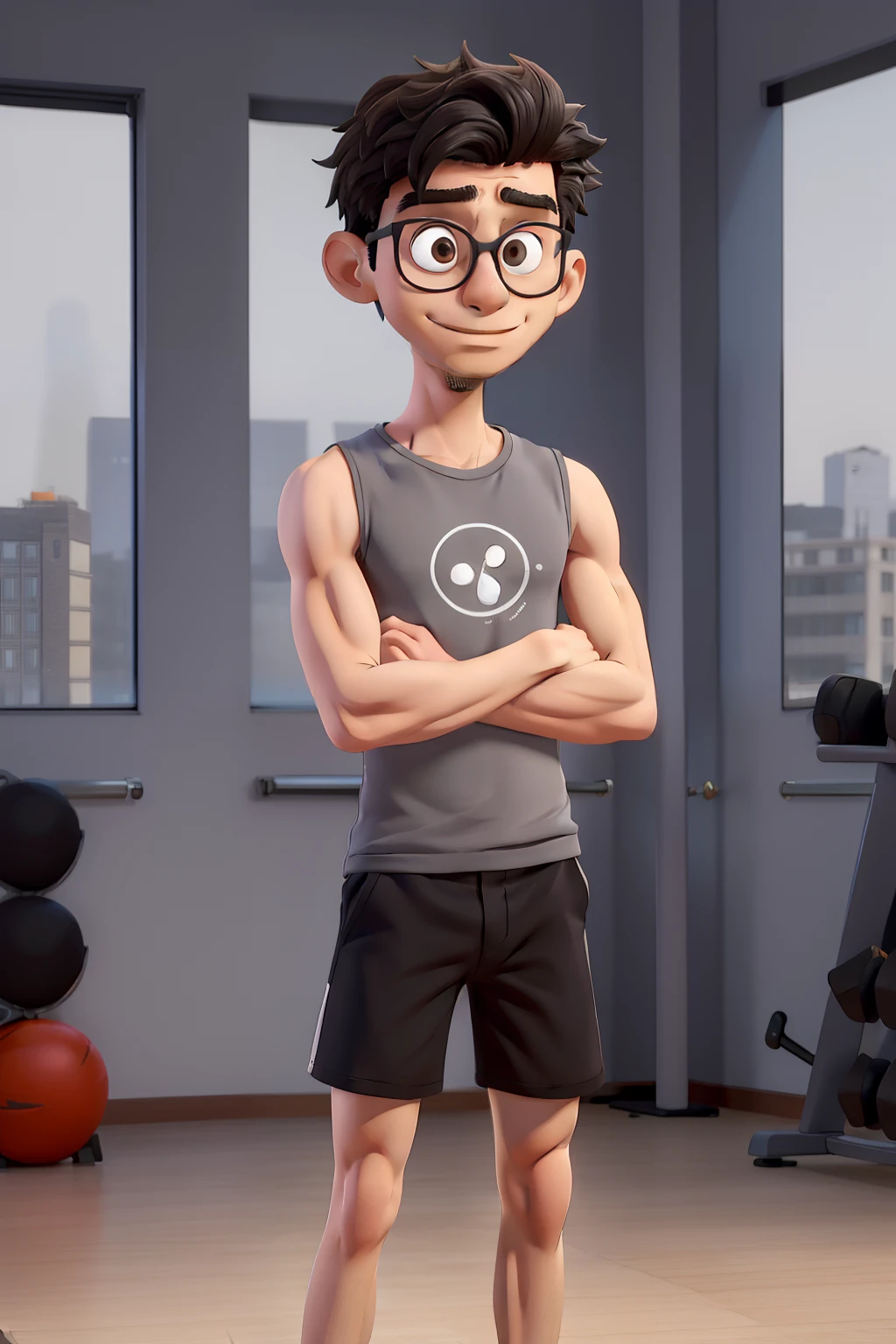 masterpiece, best quality, an young thin man at gym with glasses and long black hair, wearing a sleeveless grey t-shirt and black shorts crossing arms