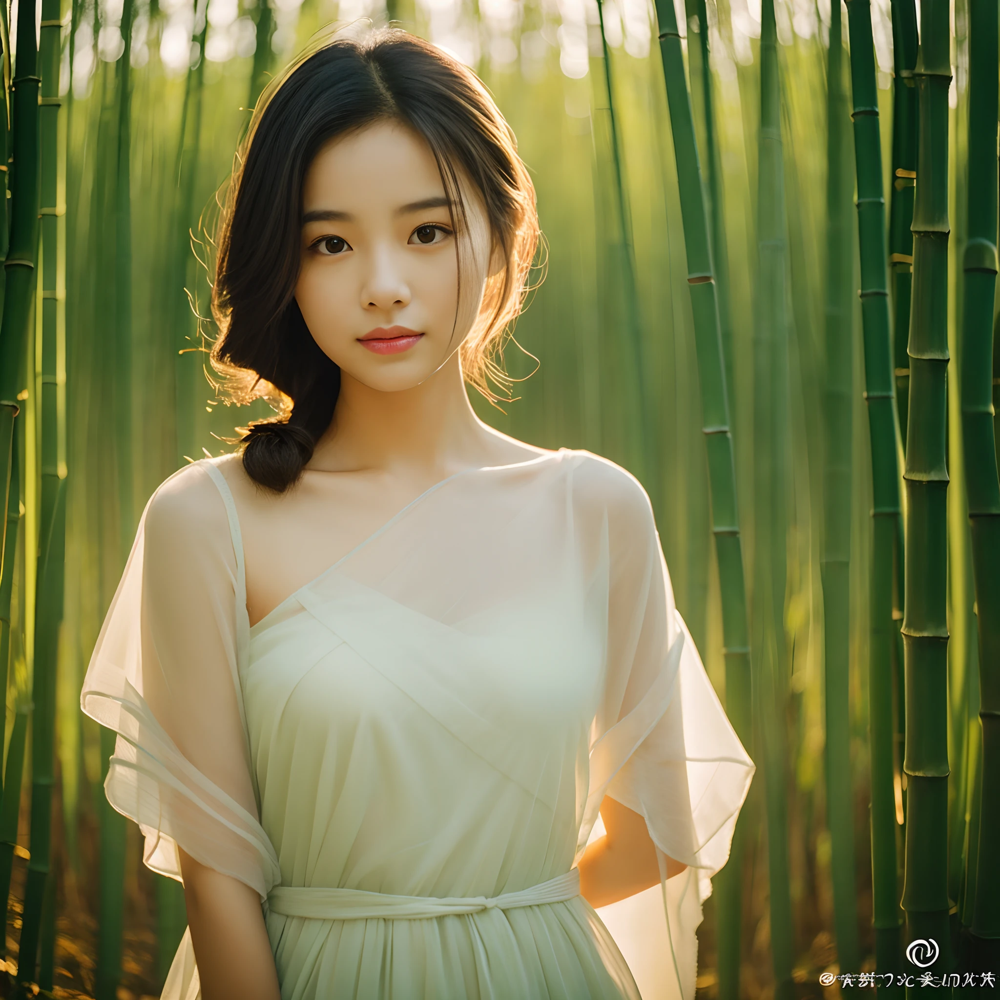 “Craft a serene portrait of a young Asian woman in the soft light of dawn. She should be captured in a tranquil bamboo forest, with a gentle mist caressing the scene. Her natural beauty is accentuated by minimal makeup, highlighting her clear complexion and soft features. The early morning light should give her skin a warm glow and illuminate her delicate facial features.”