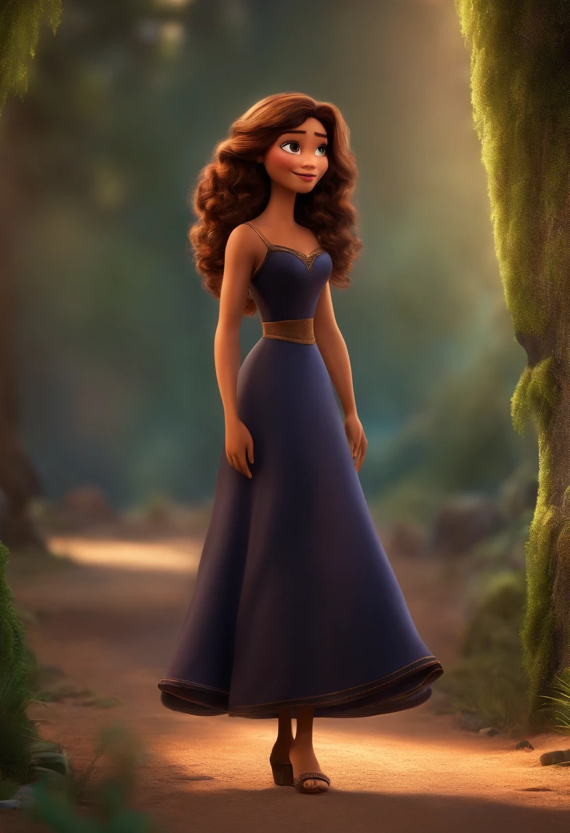 Jovem mulher, personagem Disney pixar, cabelo castanho longo soltos, olhos castanhos, pele parda, vestido preto