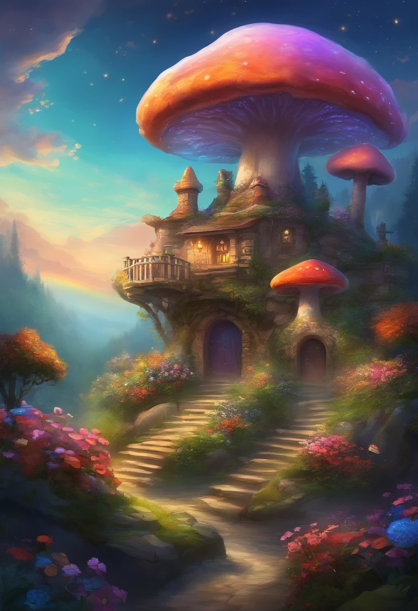 (Swirling clouds and colorful flowers), (forest fireflies fantasy mushroom city), house on large trees, (midnight), (Irregular), (mysterious), (ridiculous), dreamy, disney, painted by Thomas Kincaid, artstation, sharp focus, inspiring 8k wallpaper,