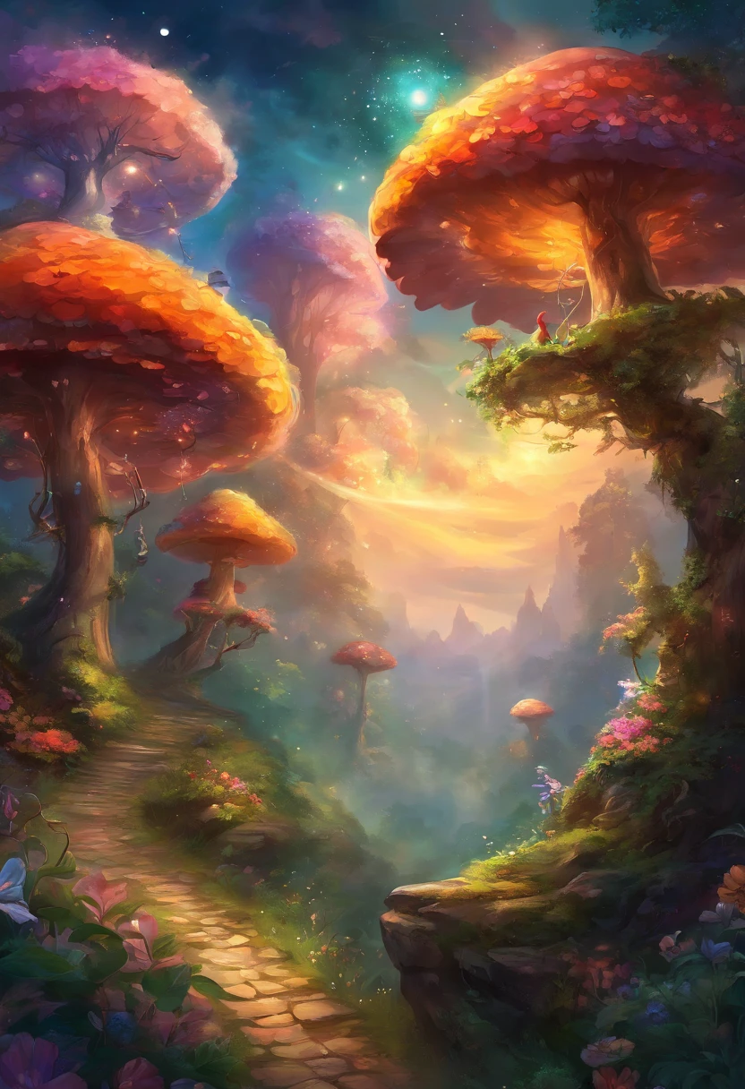 (Swirling clouds and colorful flowers), (forest fireflies fantasy mushroom city), house on large trees, (midnight), (Irregular), (mysterious), (ridiculous), dreamy, disney, painted by Thomas Kincaid, artstation, sharp focus, inspiring 8k wallpaper,