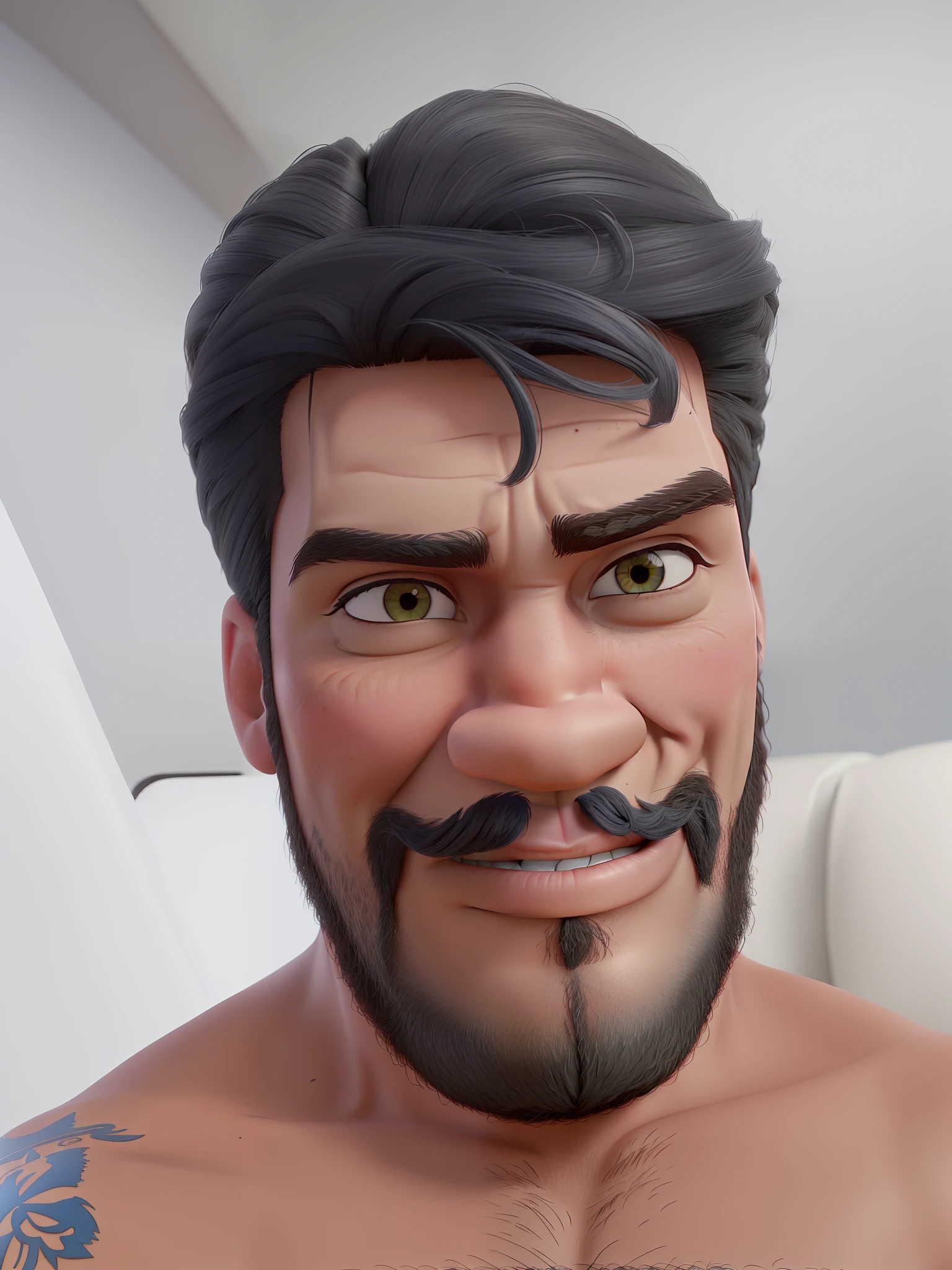 Poster no estilo Disney pixar, alta qualidade, melhor qualidade, homem sexy mulato, 33 anos cabelo preto barba preta, musculoso, com fundo em uma cama