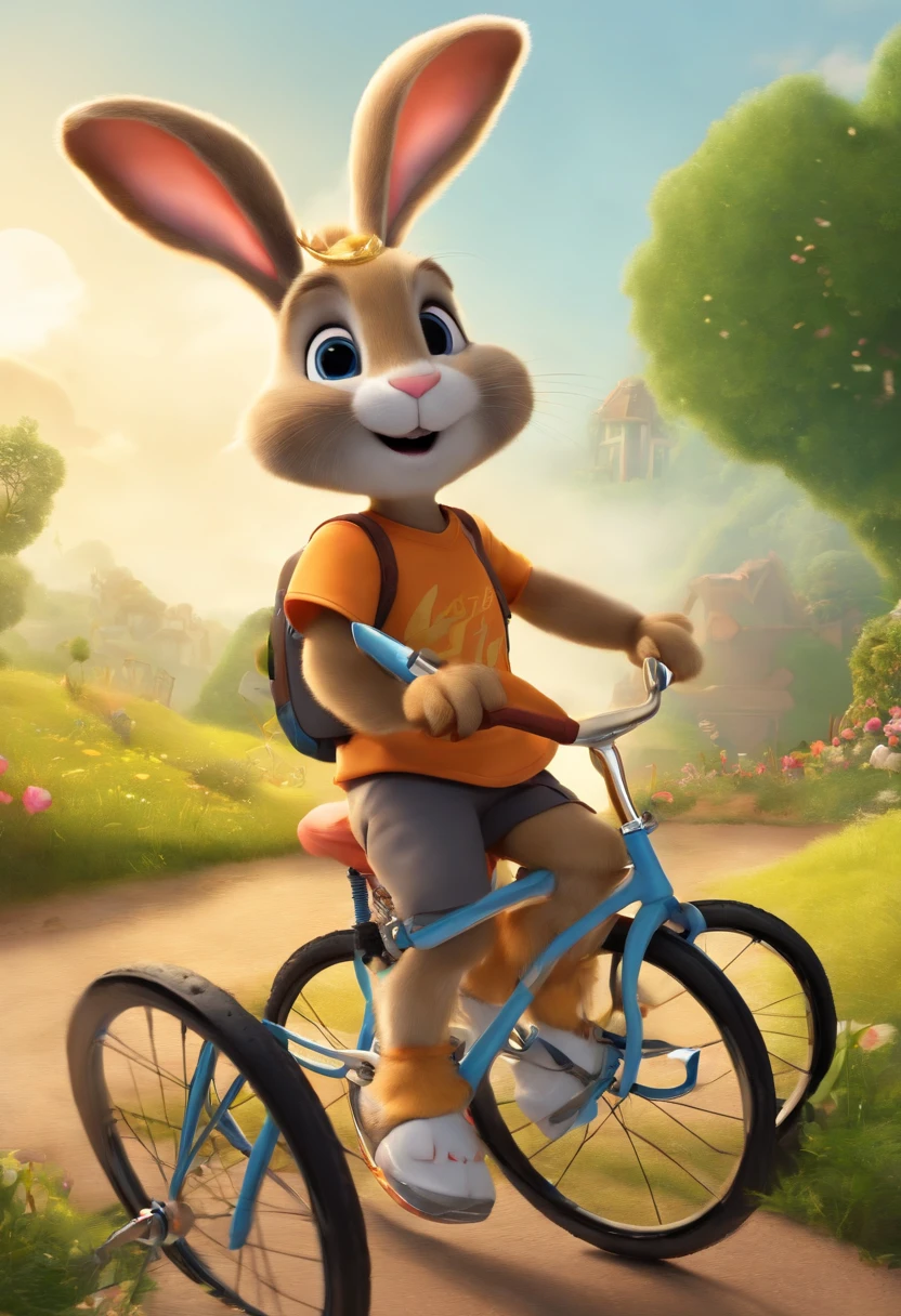 (((Cartoon Character 1.3)))，(((Wear a Nike T-shirt：1.2，A super cute bunny riding on a bike)))，((The rabbit rides on a bicycle with a big gold medal around his neck：1.3))，Wears a spotted vest on the top，Denim shorts on the bottom，Naughty expression，HD Real，Black eyes，Flying figure，HD picture，Sony SLR lens，Shoot at medium distance，Soft lighting，