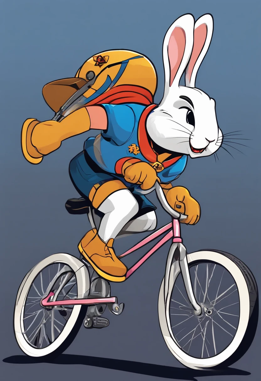 (((Cartoon Character 1.3)))，(((Wear a Nike T-shirt：1.2，A super cute bunny riding on a bike)))，((The rabbit rides on a bicycle with a big gold medal around his neck：1.3))，Wears a spotted vest on the top，Denim shorts on the bottom，Naughty expression，HD Real，Black eyes，Flying figure，HD picture，Sony SLR lens，Shoot at medium distance，Soft lighting，