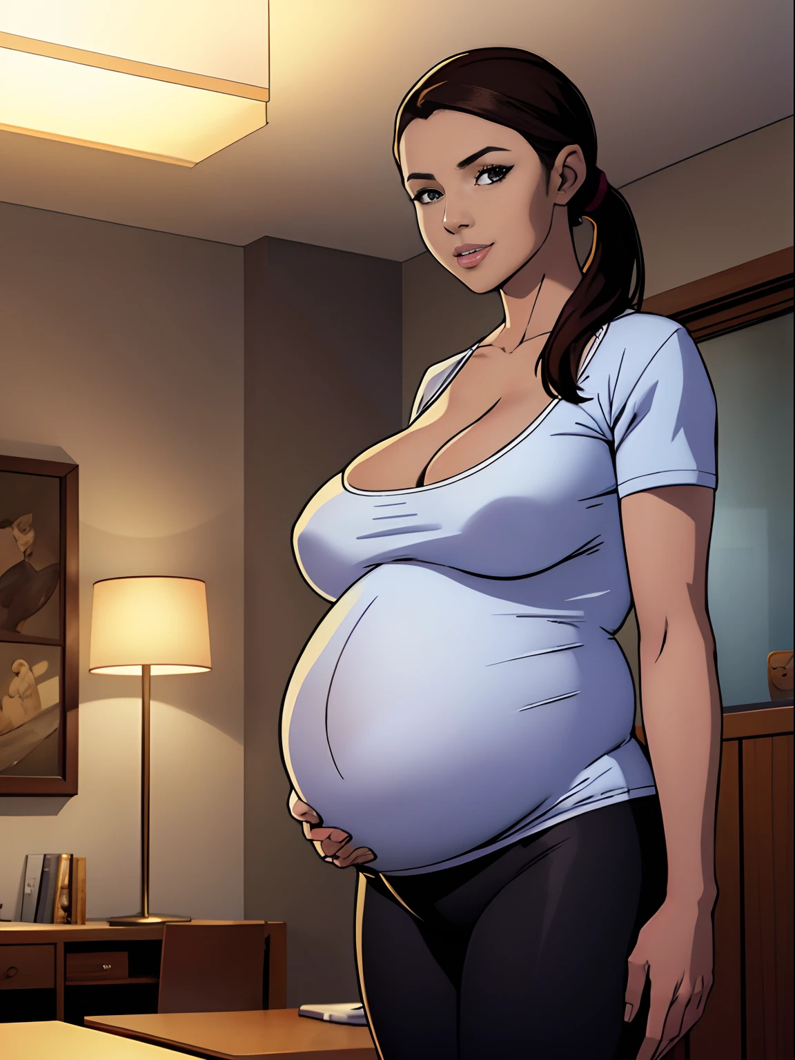 (masterpiece, top quality, best quality, official art, beautiful and aesthetic:1.2), (1girl:1.3), (gorgeous face), light freckles, fair skin, brown hair, extremely detailed, portrait, looking at viewer, solo, (full body:0.6), detailed background, close up, (airy modern theme:1.1), extremely busty pregnant woman, ponytail, big lips, hand on belly, charlatan, warm smile, mysterious, standing in the living room, t-shirt, leggings, windows, modern apartment, well-lit, thin and toned physique, ((((gigantic breasts, pregnant)))), slim waist, slim hips, long legs, modern (apartment interior:1.1) background, dark mysterious lighting, shadows, magical atmosphere, dutch angle,