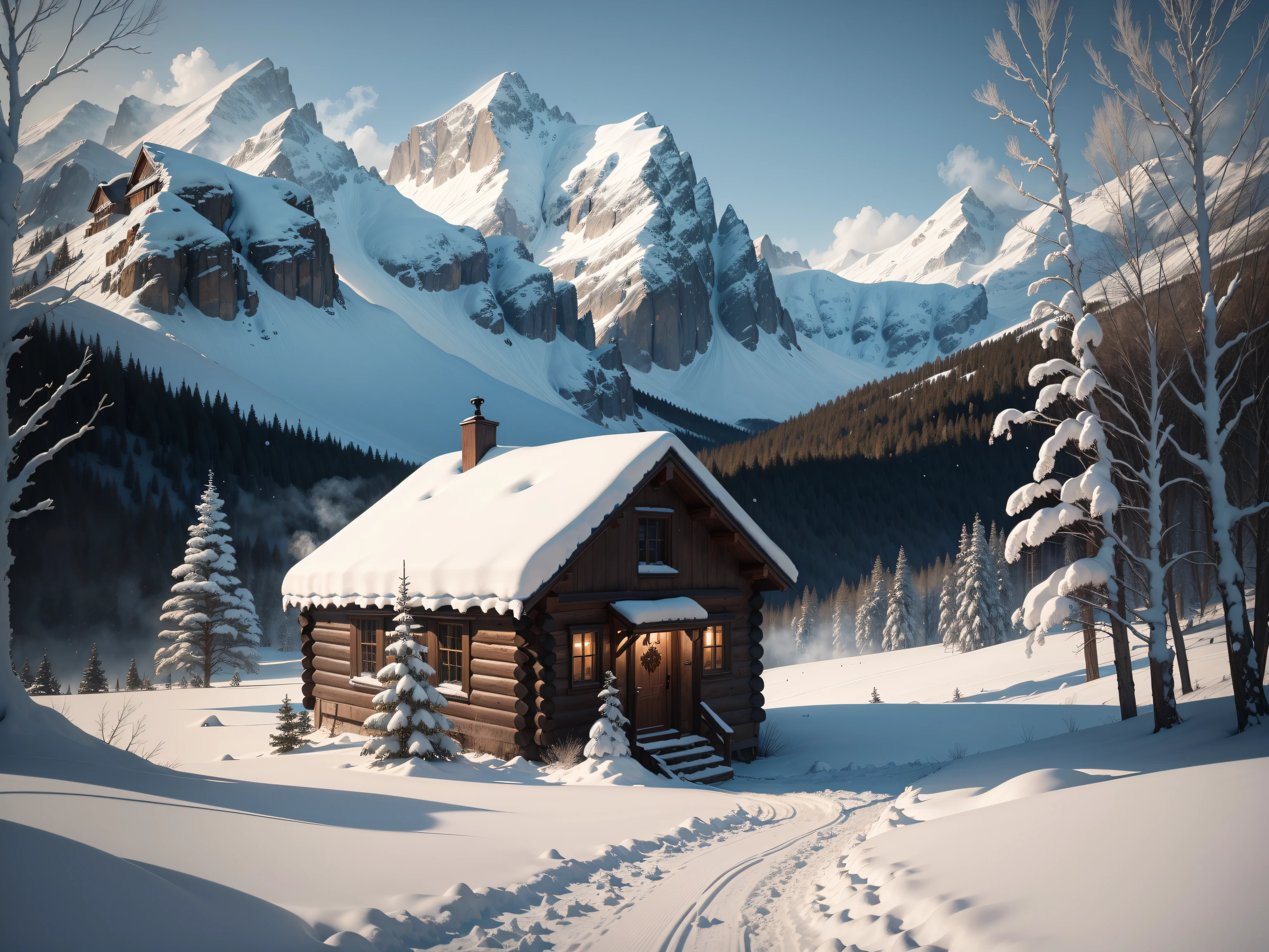 (Best quality,4K,8K,A high resolution,Masterpiece:1.2),Ultra-detailed,(Realistic,Photorealistic,photo-realistic:1.37),Winter landscape,Snow-capped trees,Frozen lake,Glittering icicles,tranquil ambiance,Soft natural light,Subtle shades of blue and gray,harmonious color palette,detailed snowflakes,calm and peaceful scenery,Light snowfall,Tranquil Mood,Sparkling snow,Quiet and remote location,Cool air,Distant mountains,Frost-covered branches,Lonely cottage in the distance,smoke coming out of the chimney,The warm glow from the cabin windows,Comfort and a feeling of loneliness,An undisturbed and tranquil winter wonderland,Small footprint leading to the cabin door,Freshly falling snow, Unspoiled landscape.Cinematic tones