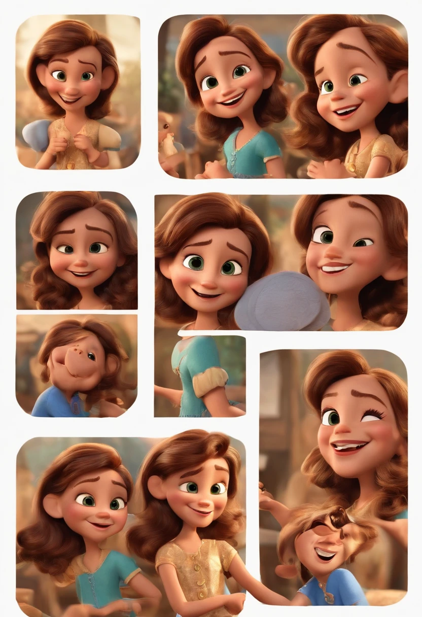 Imagem estilo Pixar com personagem 3D mulher meiga sorridente esbelta 40 anos pele clara olhos escondidos castanho escuro, cabelos longos encaracolados grisalho, bem desenhada, testa alta, bochechas redondas, gelasina no queixo , Dancing, Maquiagem Disney,Pescador, bonitinho, sorridente ,Close-up, Pixar, Disney, Cinema lighting,