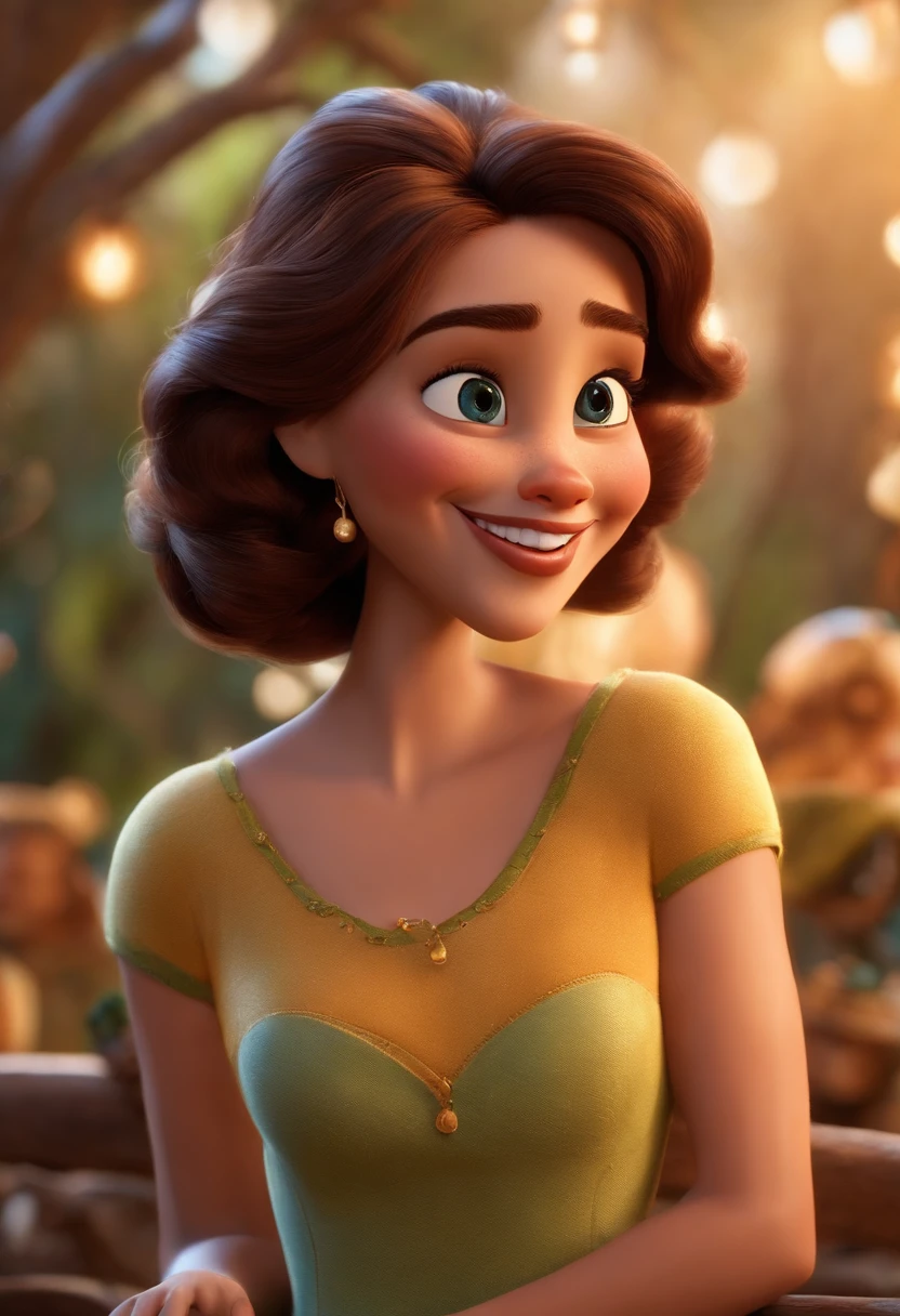 Imagem estilo Pixar com personagem 3D mulher   meiga sorridente esbelta 40 anos pele clara olhos  escondidos castanho escuro,  cabelos longos encaracolados grisalho,  bem desenhada,  testa alta,  bochechas redondas, gelasina no queixo , Dancing, Maquiagem Disney,Pescador, bonitinho, sorridente ,Close-up, Pixar, Disney, Cinema lighting,