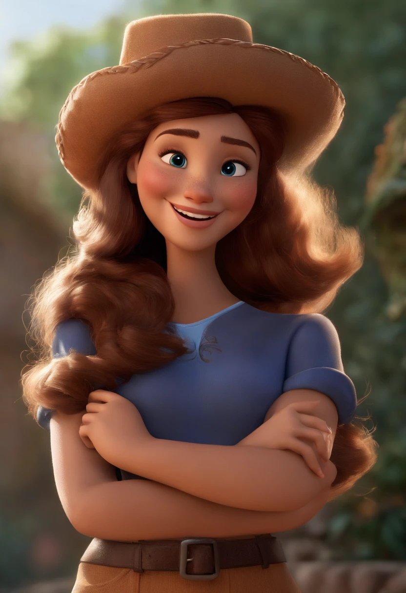 Imagem estilo Pixar com personagem 3D mulher meiga sorridente esbelta 40 anos pele clara olhos escondidos castanho escuro, cabelos longos encaracolados grisalho, bem desenhada, testa alta, bochechas redondas, gelasina no queixo , Dancing, Maquiagem Disney,Pescador, bonitinho, sorridente ,Close-up, Pixar, Disney, Cinema lighting,